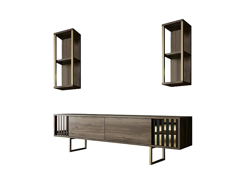 Meuble TV Eunomia, Buffet de salon, Armoire basse pour TV, Base murale de rangement, 180x30h48 cm, Noyer et Noir