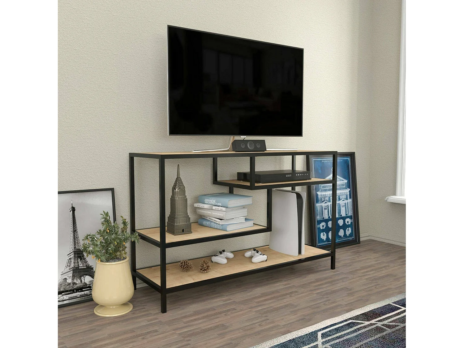 Mueble de televisión Dplizzar, Aparador de salón, Mueble bajo para TV, Base de pared equipada, 120x39h75 cm, Roble y Negro
