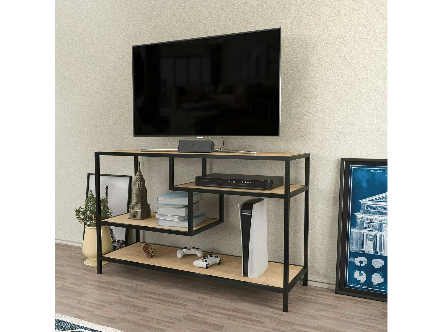 Mueble de televisión Dplizzar, Aparador de salón, Mueble bajo para TV, Base de pared equipada, 120x39h75 cm, Roble y Negro