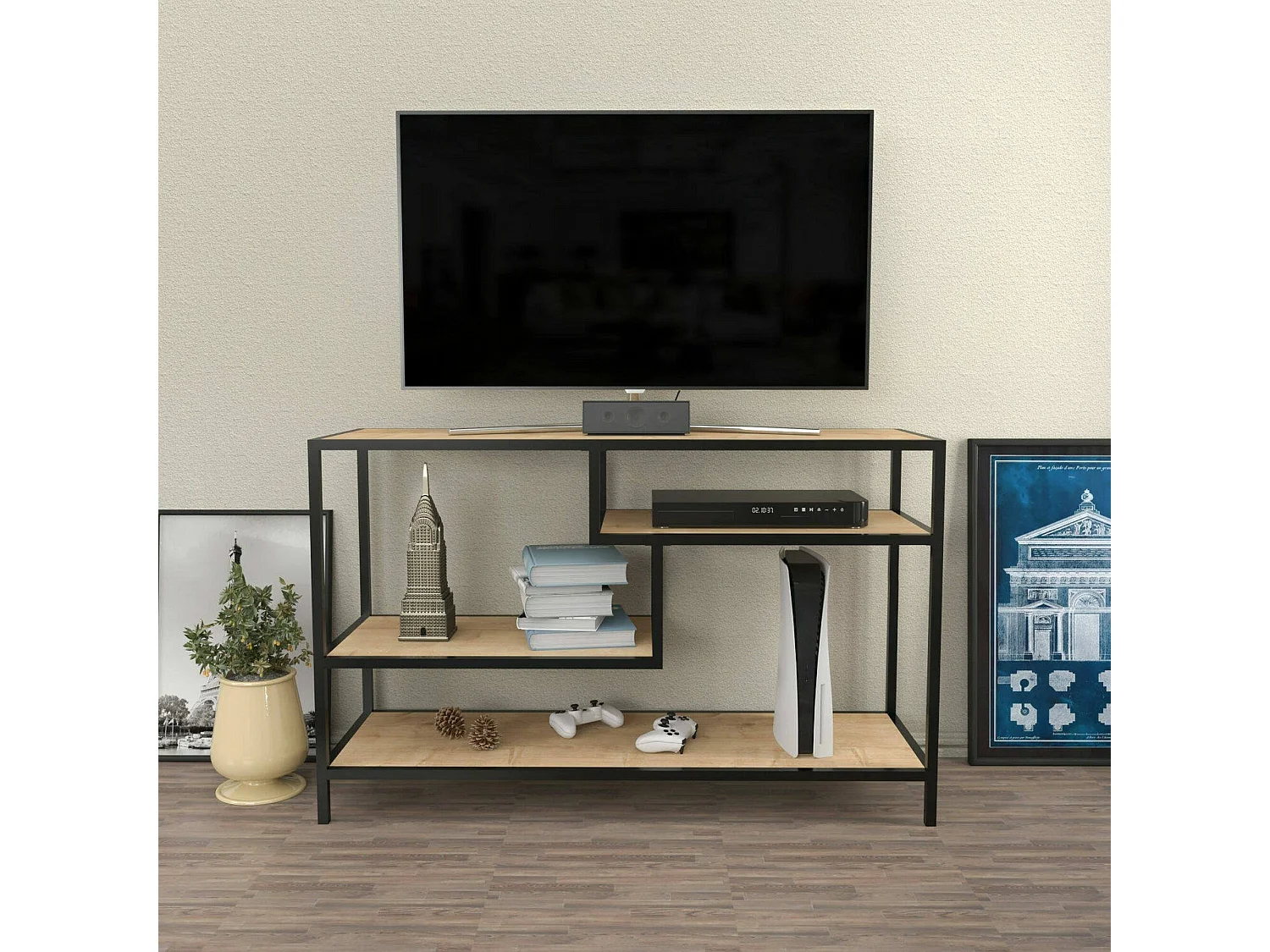 Mueble de televisión Dplizzar, Aparador de salón, Mueble bajo para TV, Base de pared equipada, 120x39h75 cm, Roble y Negro