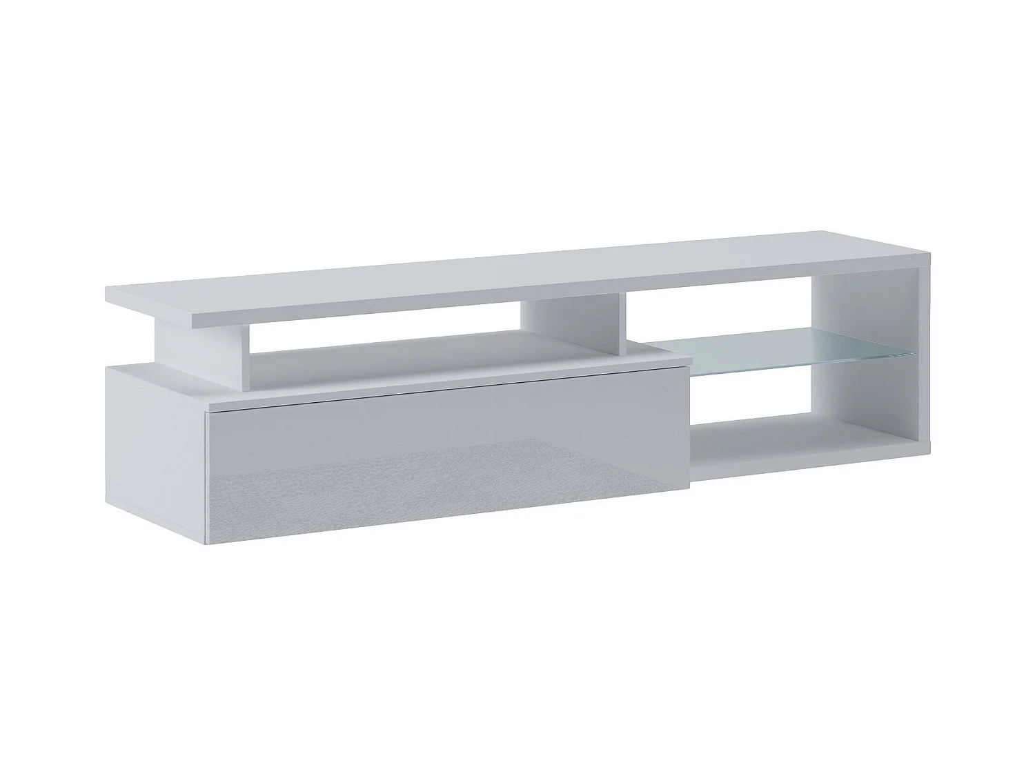 Meuble TV Baltico, Buffet de salon, Armoire basse pour TV, Base murale de rangement, 160x38h41 cm, Blanc et Blanc brillant