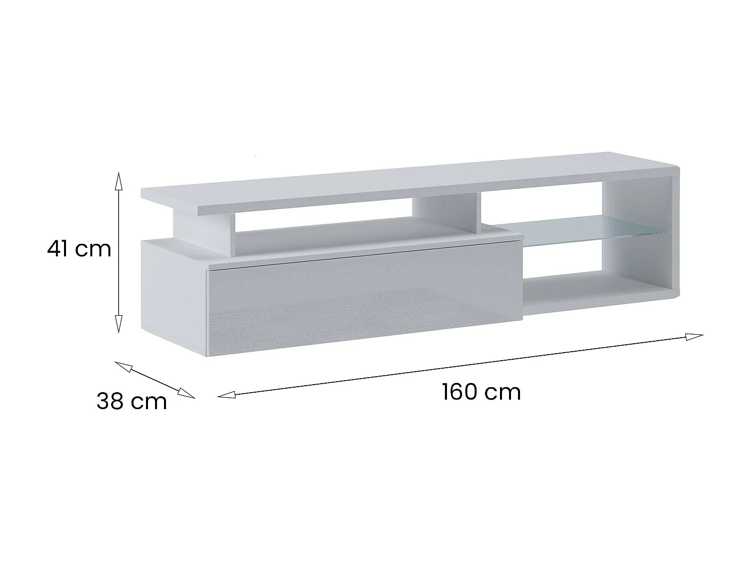 Meuble TV Baltico, Buffet de salon, Armoire basse pour TV, Base murale de rangement, 160x38h41 cm, Blanc et Blanc brillant