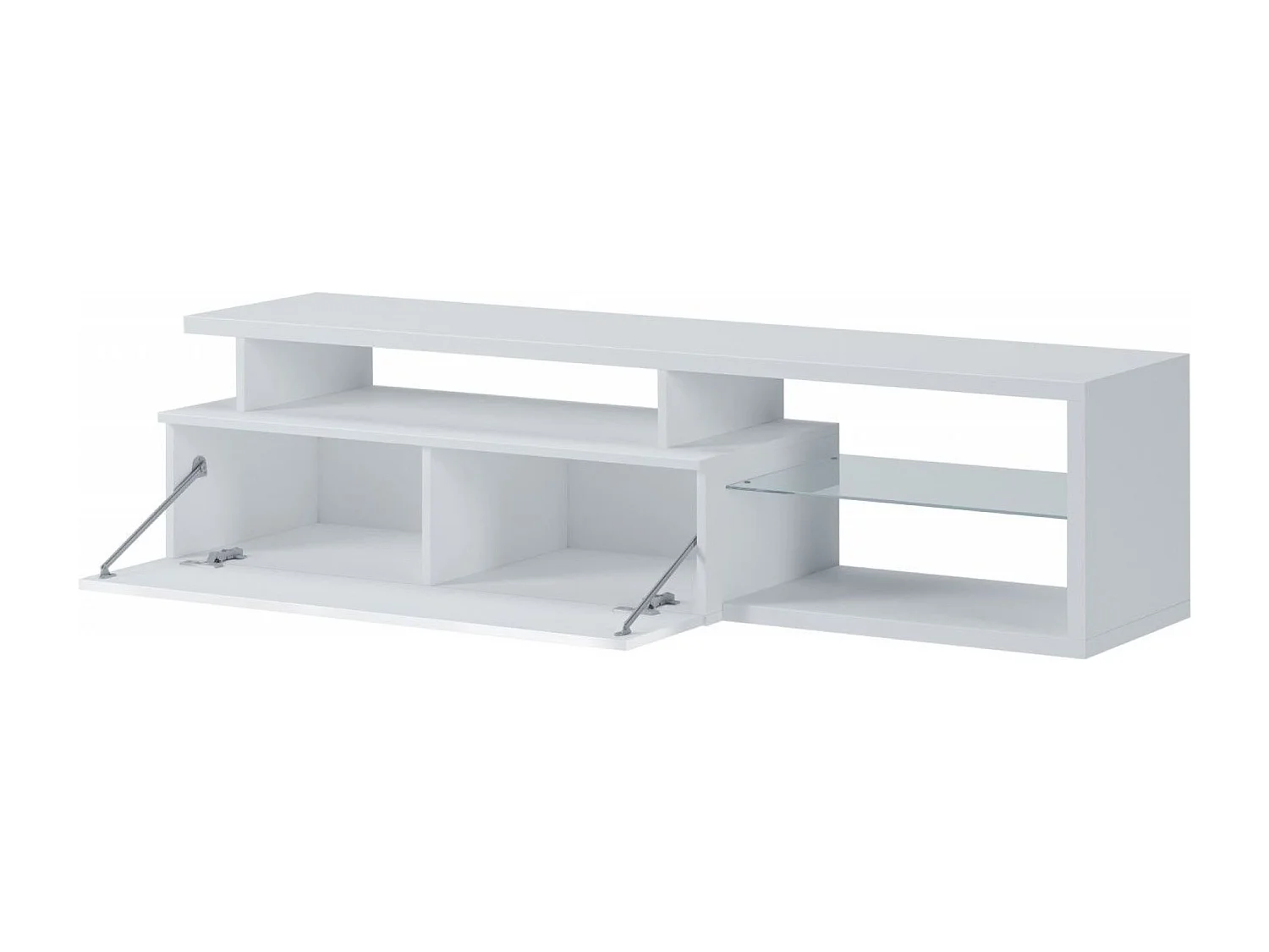 Meuble TV Baltico, Buffet de salon, Armoire basse pour TV, Base murale de rangement, 160x38h41 cm, Blanc et Blanc brillant