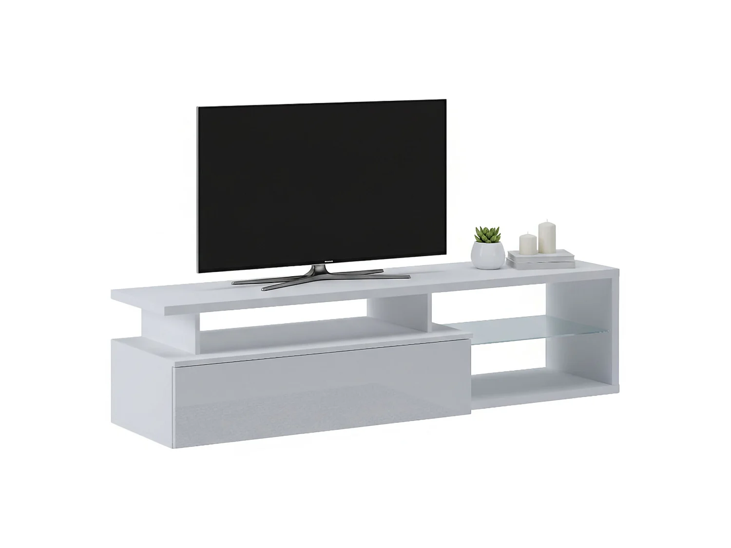 Meuble TV Baltico, Buffet de salon, Armoire basse pour TV, Base murale de rangement, 160x38h41 cm, Blanc et Blanc brillant