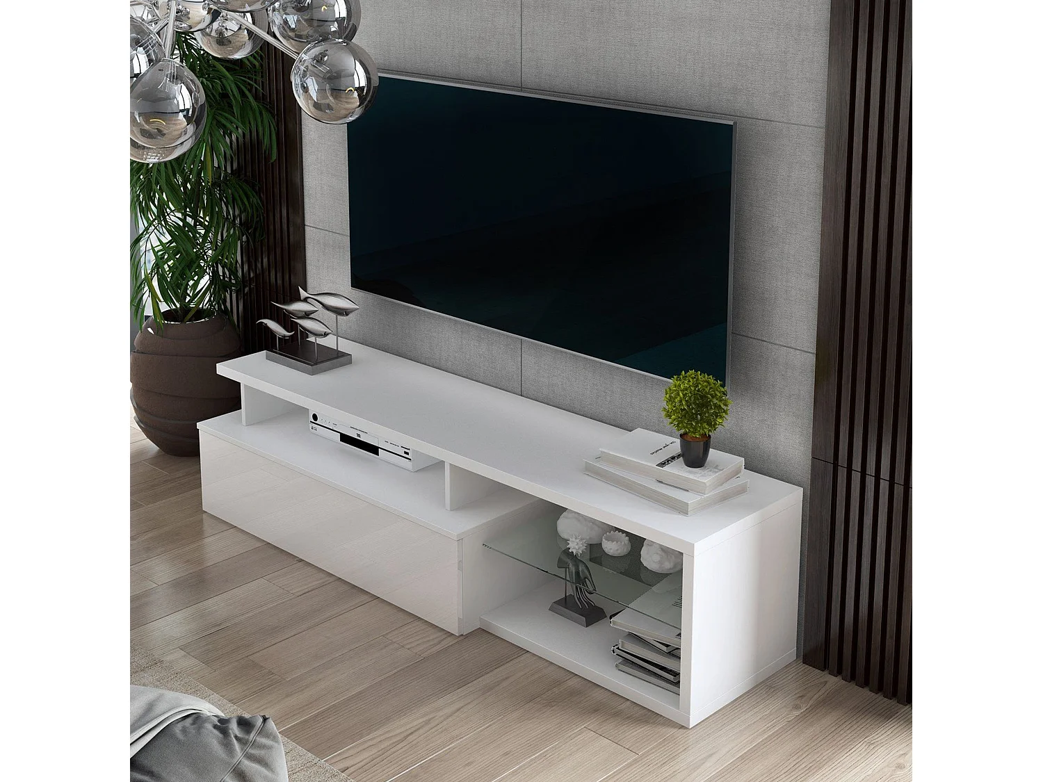 Meuble TV Baltico, Buffet de salon, Armoire basse pour TV, Base murale de rangement, 160x38h41 cm, Blanc et Blanc brillant