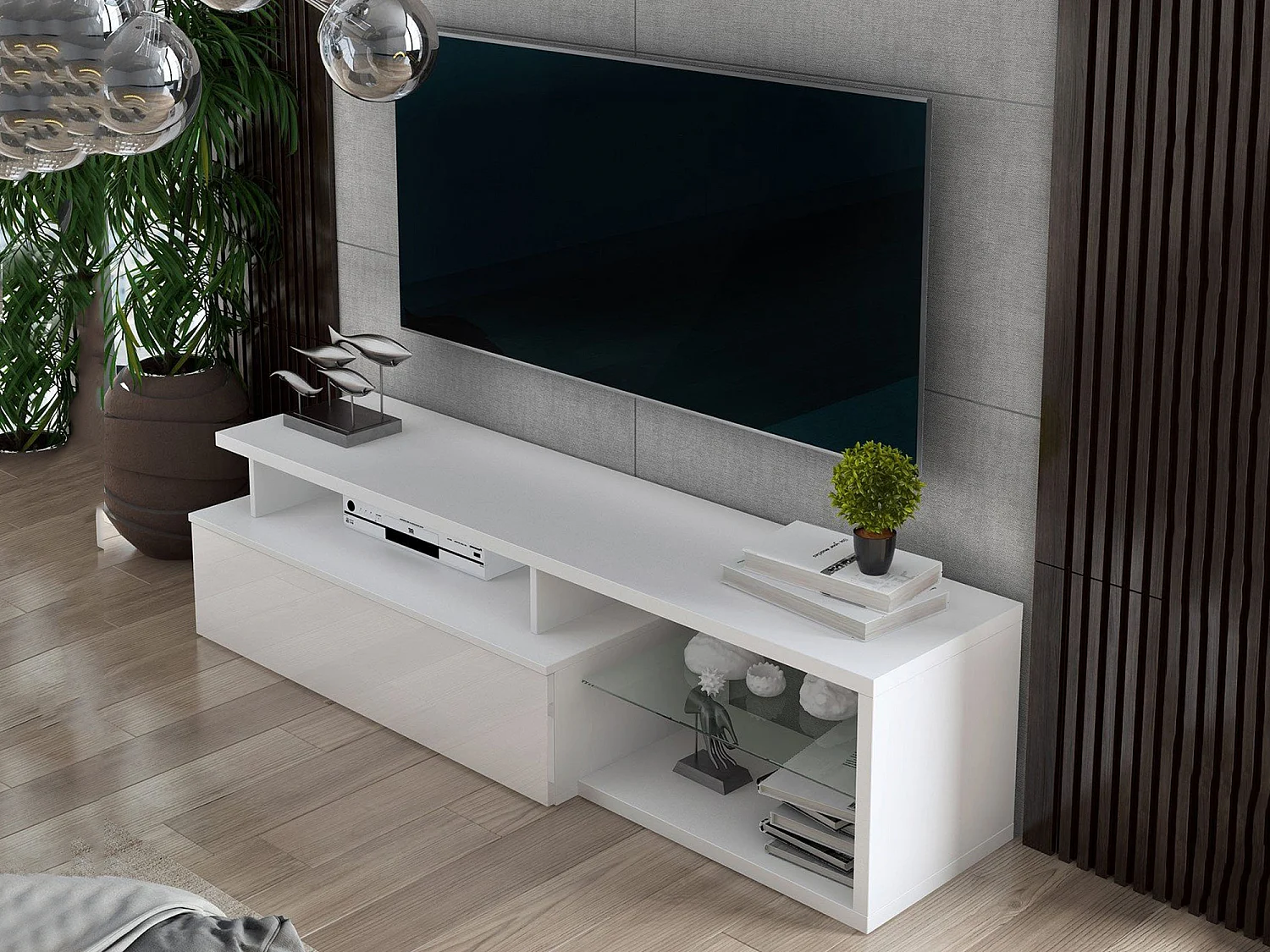 Meuble TV Baltico, Buffet de salon, Armoire basse pour TV, Base murale de rangement, 160x38h41 cm, Blanc et Blanc brillant