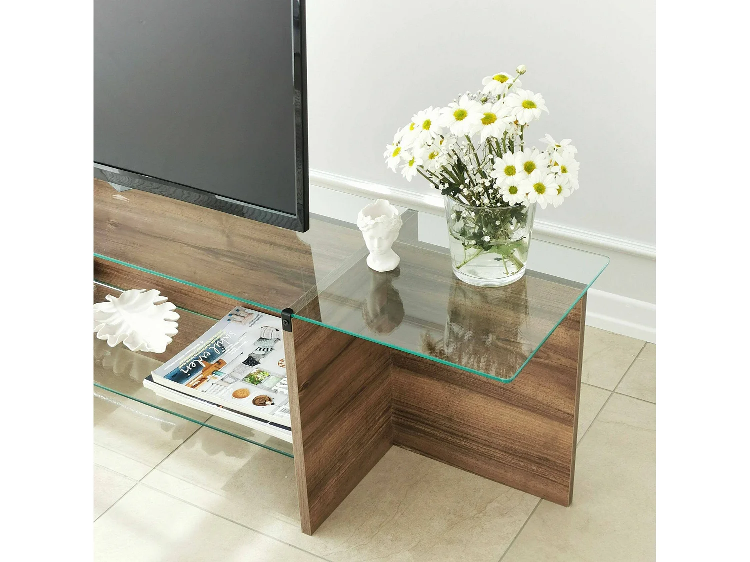 Meuble TV Erinyes, Buffet de salon, Armoire basse pour TV, Base murale de rangement, 158x35h40 cm, Noyer