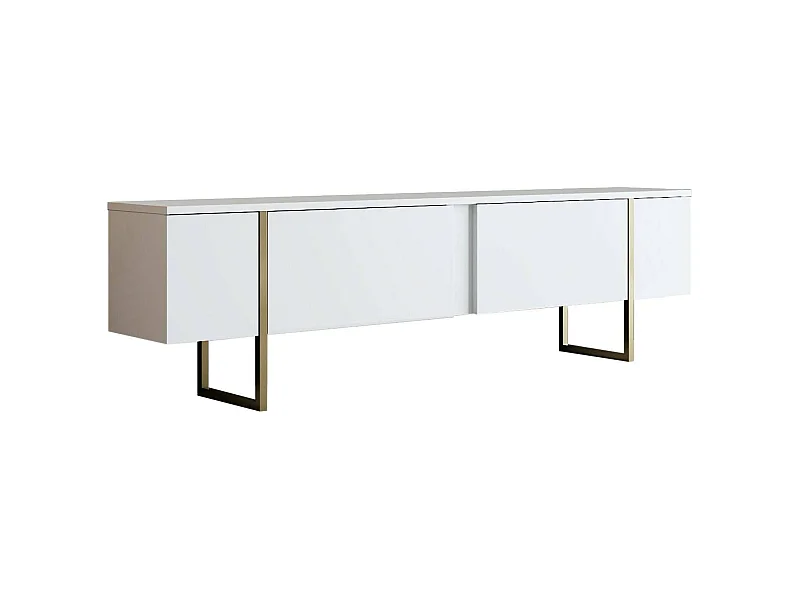 Armário de TV Dgridell, Aparador de sala, Armário de TV baixo, Base de parede equipada, 180x30h50 cm, Branco e Dourado