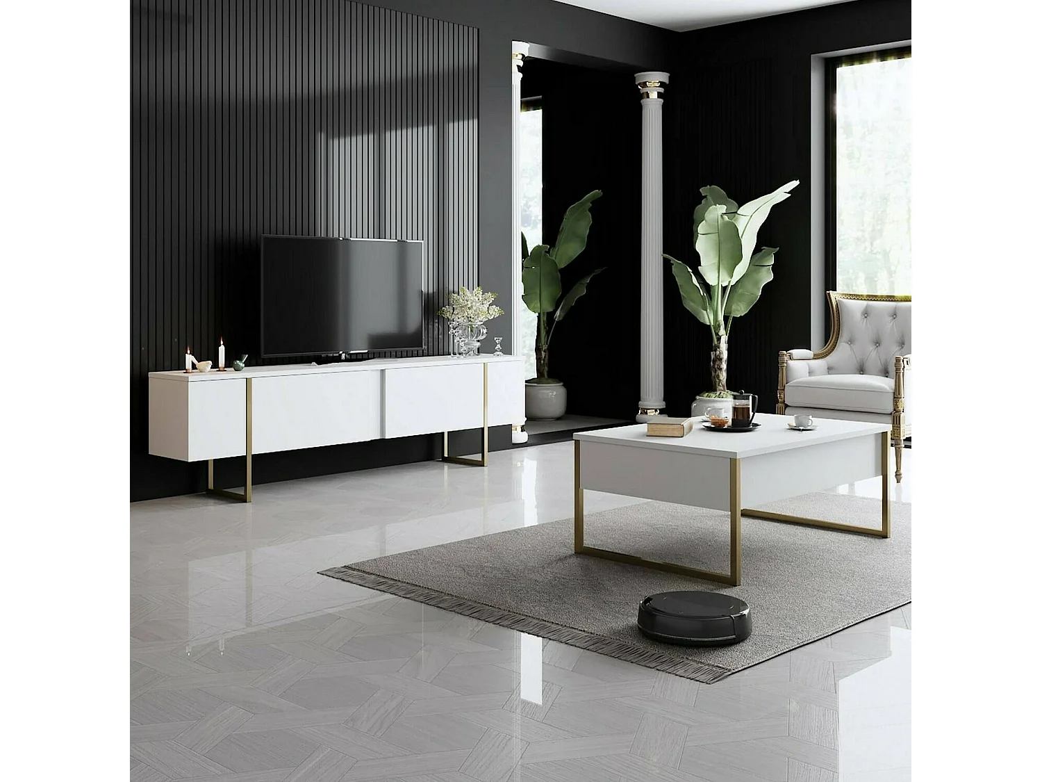 Dgridell tv-meubel, woonkamermeubel, lage tv-meubel, wandstandaard, 180x30h50 cm, Wit en goud