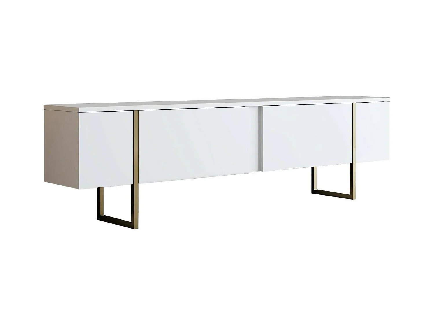 Meuble TV Centaurus, Buffet de salon, Armoire basse pour TV, Base murale de rangement, 180x30h50 cm, Blanc et Or