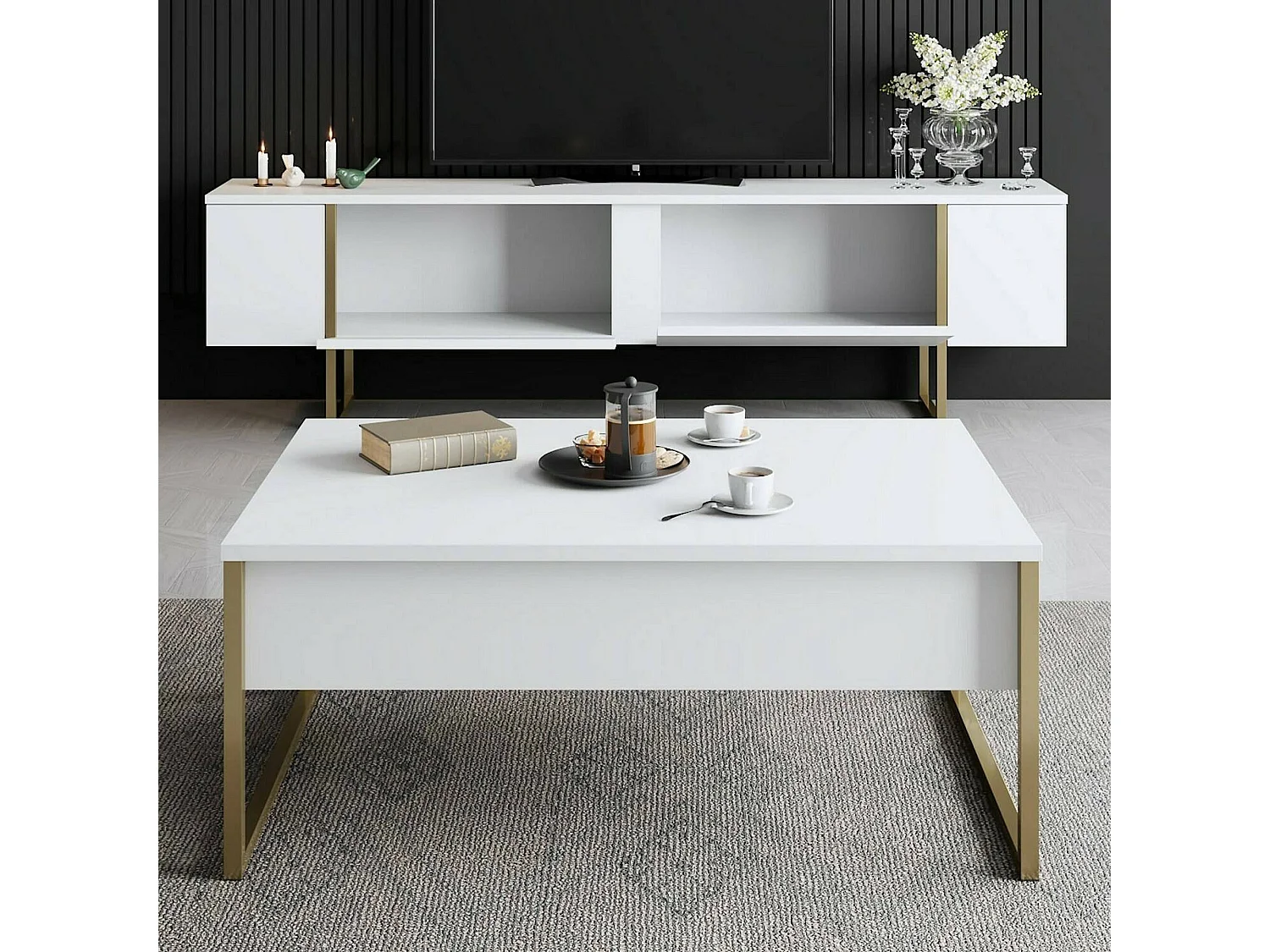 Mueble de televisión Dgridell, Aparador de salón, Mueble bajo para TV, Base de pared equipada, 180x30h50 cm, Blanco y Oro