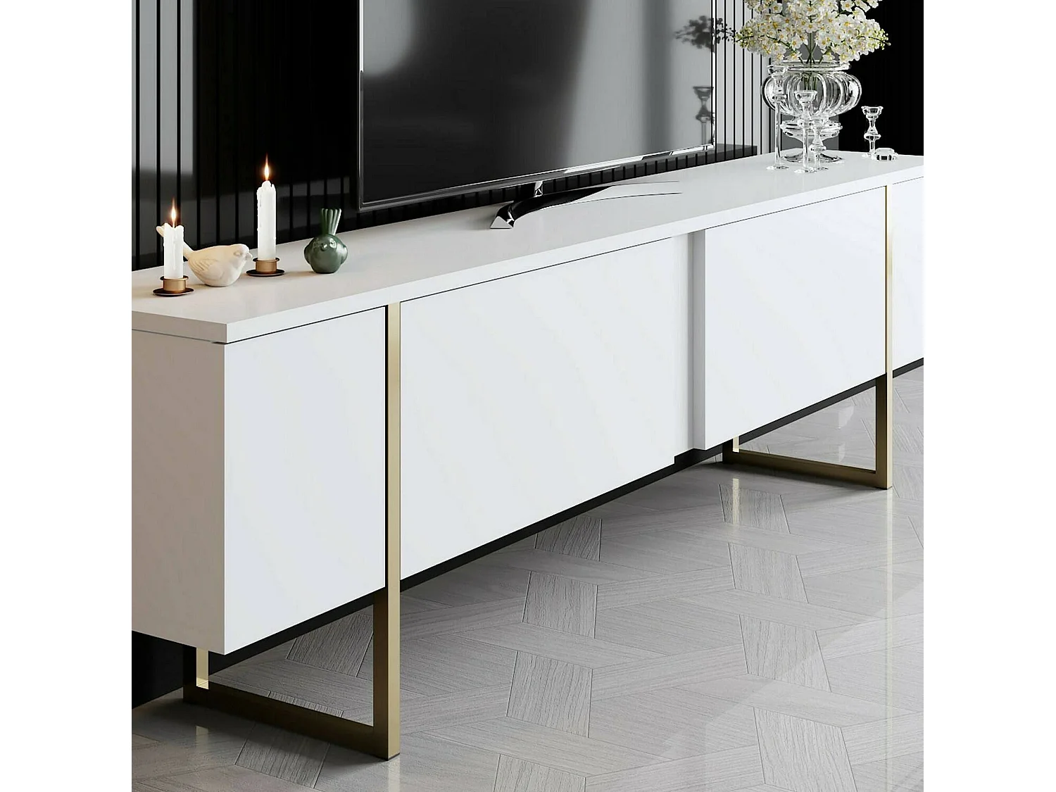 Dgridell tv-meubel, woonkamermeubel, lage tv-meubel, wandstandaard, 180x30h50 cm, Wit en goud