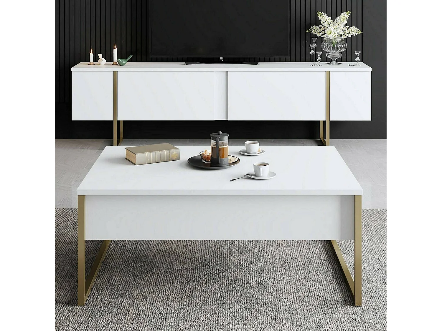Meuble TV Abishia, une étagère, 180x30x50h cm blanc, 2 portes, 3 compartiments