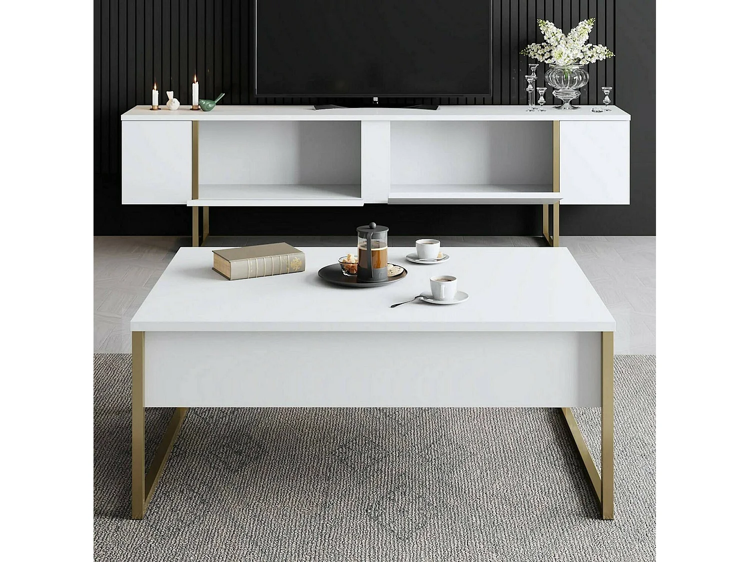 Meuble TV Abishia, une étagère, 180x30x50h cm blanc, 2 portes, 3 compartiments