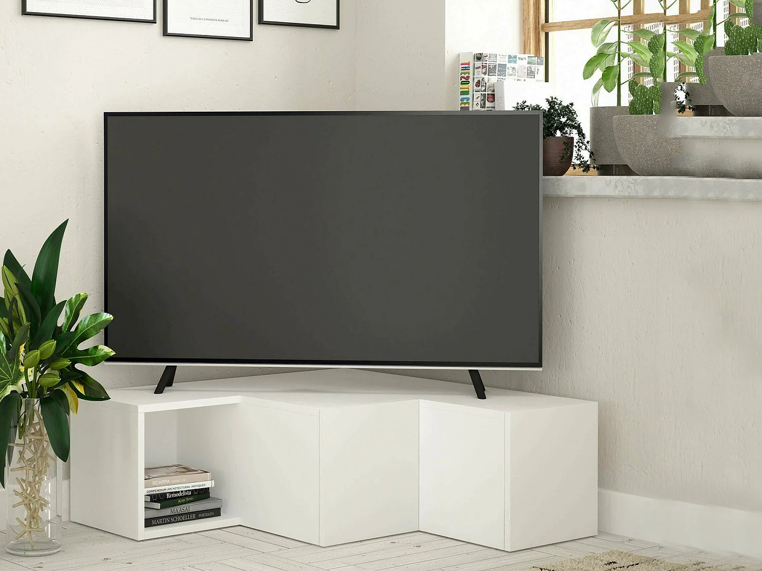 Meuble TV Alya, Buffet de salon, Armoire basse pour TV, Base murale de rangement, 90x92h32 cm, Blanc