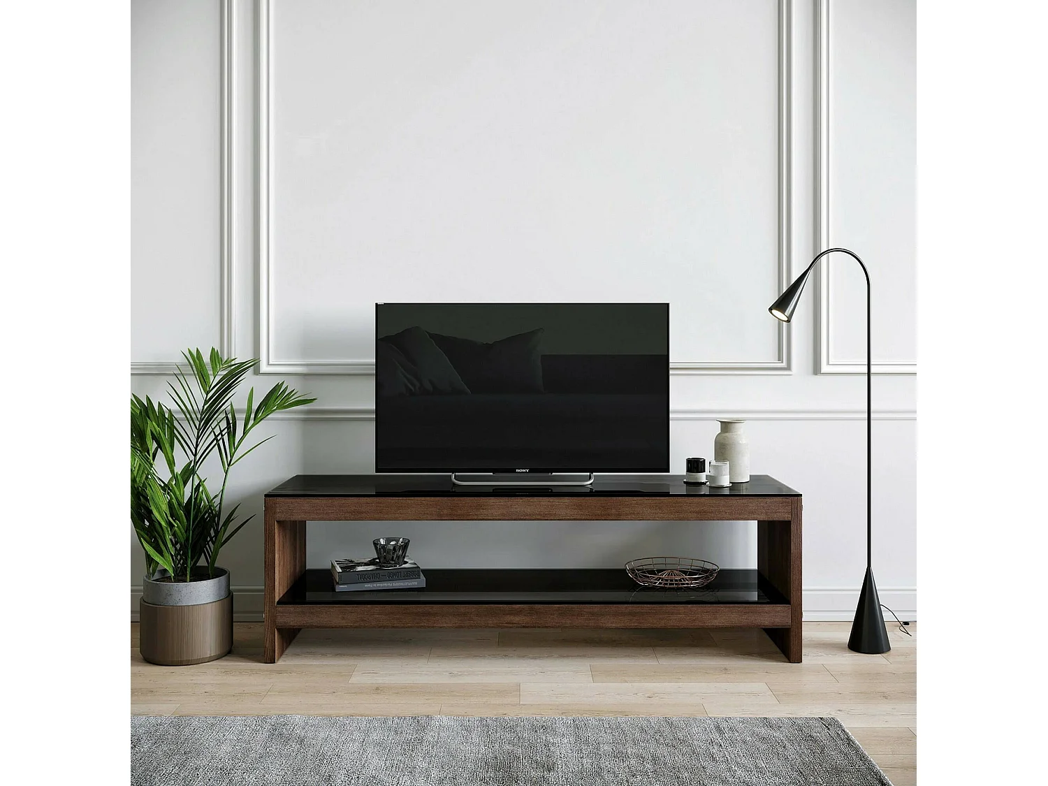 Armário de TV Dpaciocc, Aparador de sala, Armário de TV baixo, Base de parede equipada, 140x40h45 cm, Nogueira