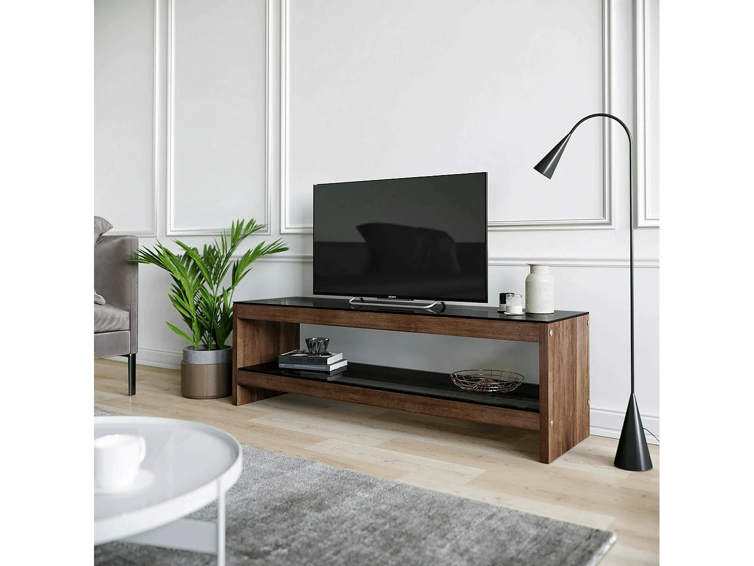 Meuble TV Mirabel, Buffet de salon, Armoire basse pour TV, Base murale de rangement, 140x40h45 cm, Noyer