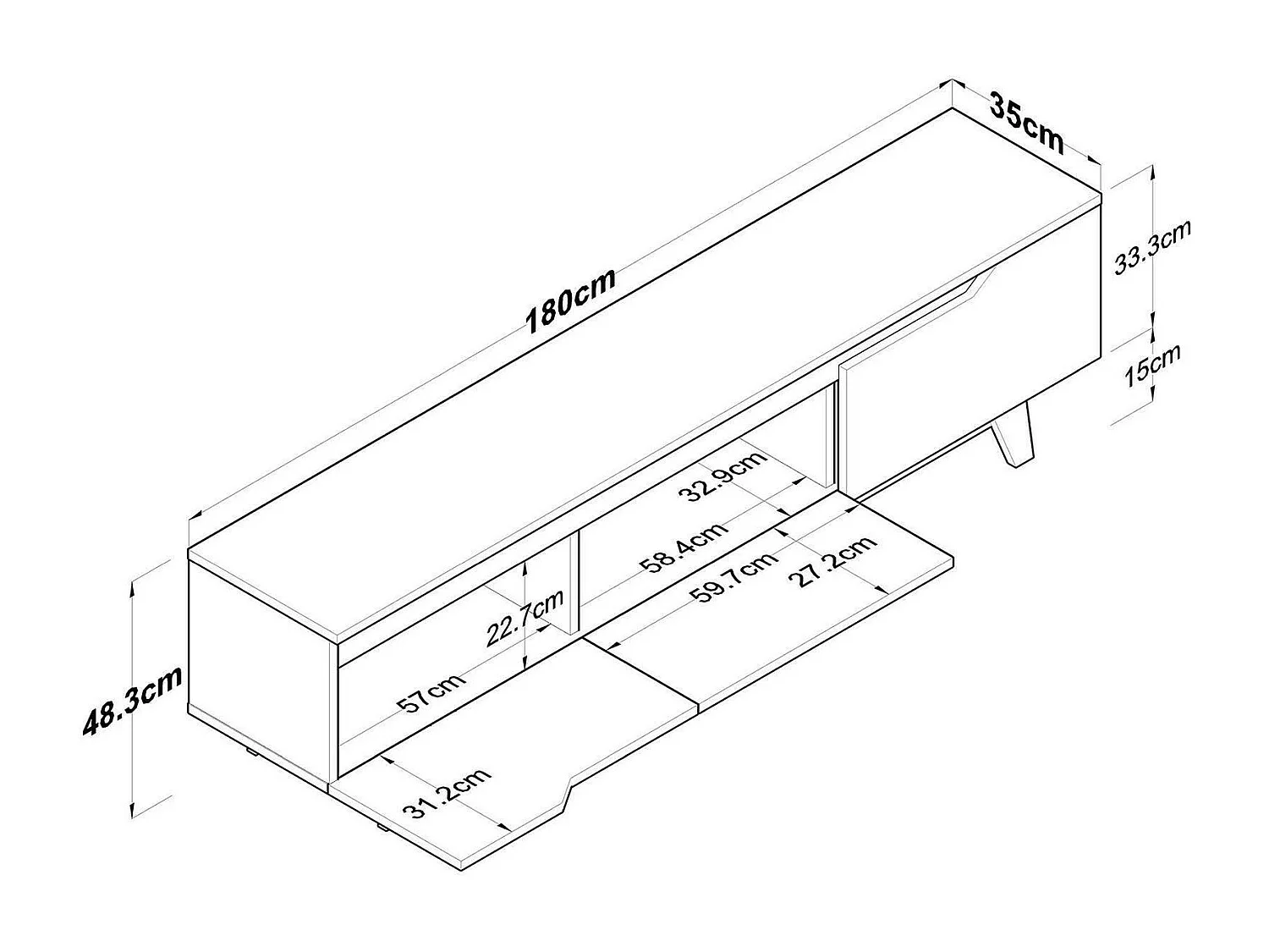 Meuble TV Cor, Buffet de salon, Armoire basse pour TV, Base murale de rangement, 180x35h49 cm, Blanc et Noyer