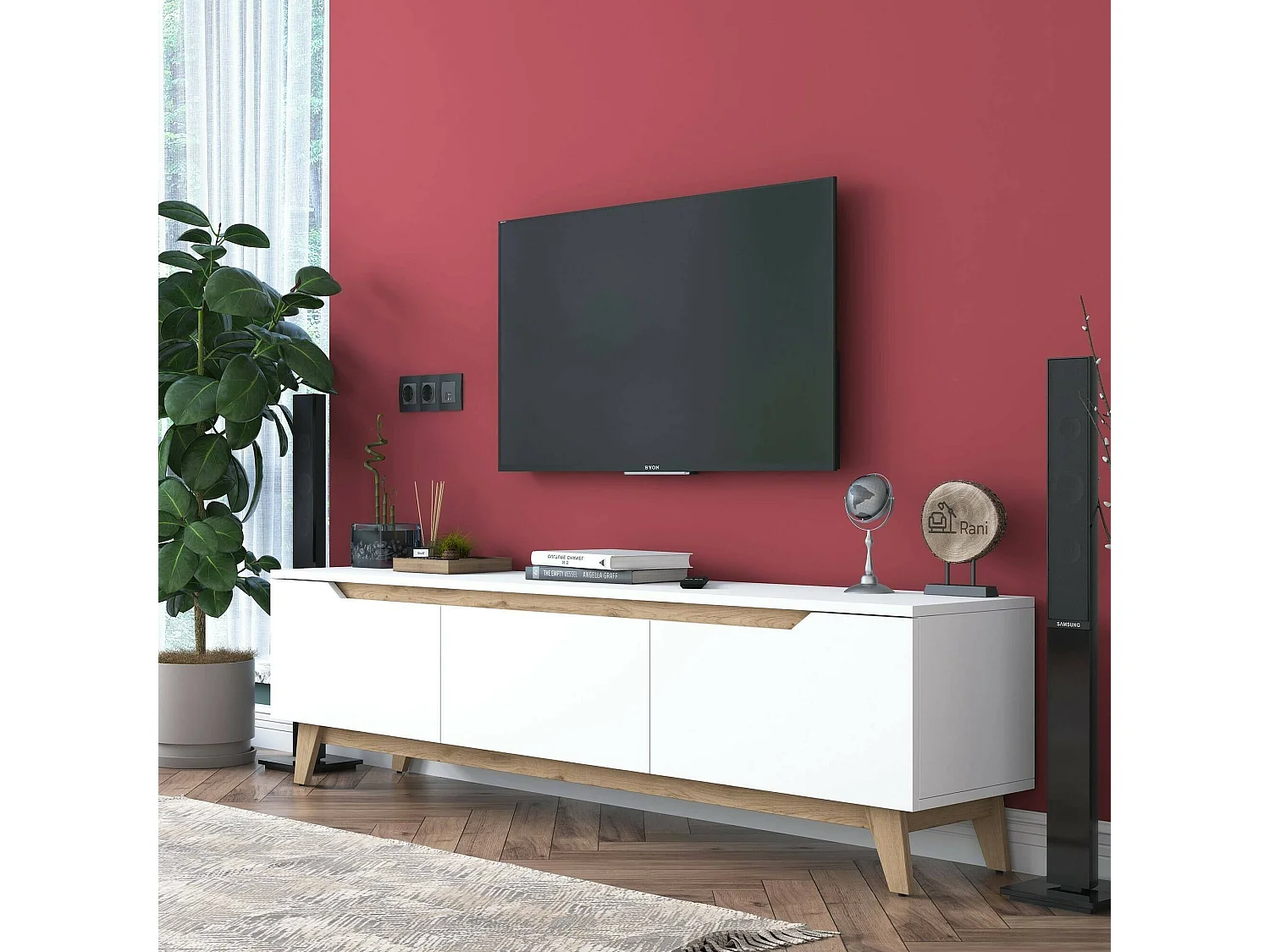Mueble de televisión Dguidoli, Aparador de salón, Mueble bajo para TV, Base de pared equipada, 180x35h49 cm, Blanco y Nogal