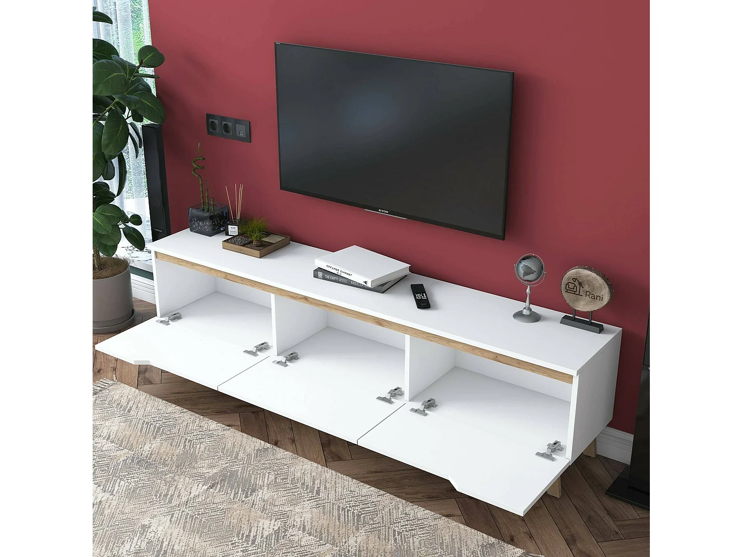 Meuble TV Cor, Buffet de salon, Armoire basse pour TV, Base murale de rangement, 180x35h49 cm, Blanc et Noyer