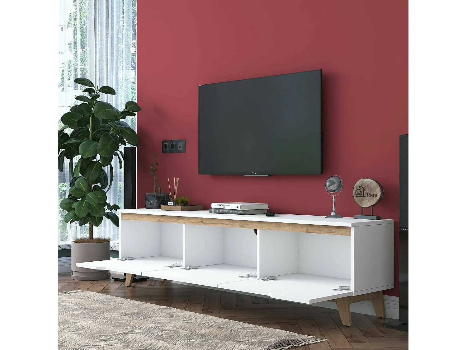Meuble TV Cor, Buffet de salon, Armoire basse pour TV, Base murale de rangement, 180x35h49 cm, Blanc et Noyer