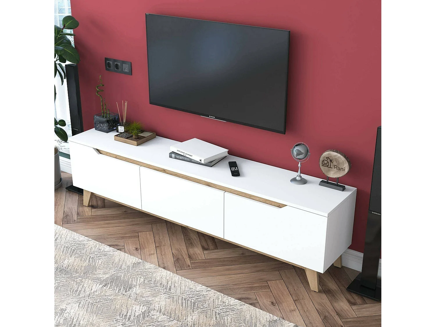 Mueble de televisión Dguidoli, Aparador de salón, Mueble bajo para TV, Base de pared equipada, 180x35h49 cm, Blanco y Nogal