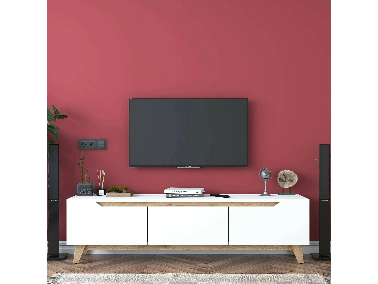 Dguidoli tv-standaard, woonkamermeubel, lage tv-meubel, wandstandaard, 180x35h49 cm, wit en walnoot