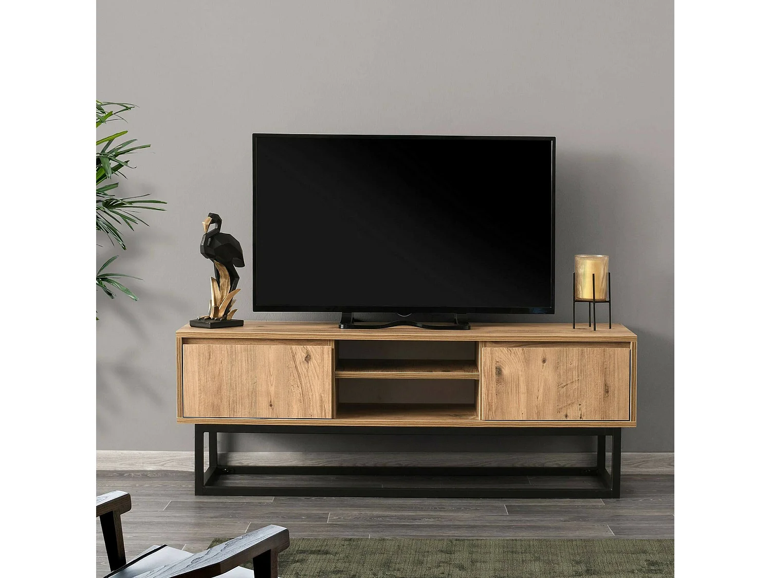 Armário de TV Dpirol, Aparador de sala, Armário de TV baixo, Base de parede equipada, 140x40h50 cm, Preto e Carvalho