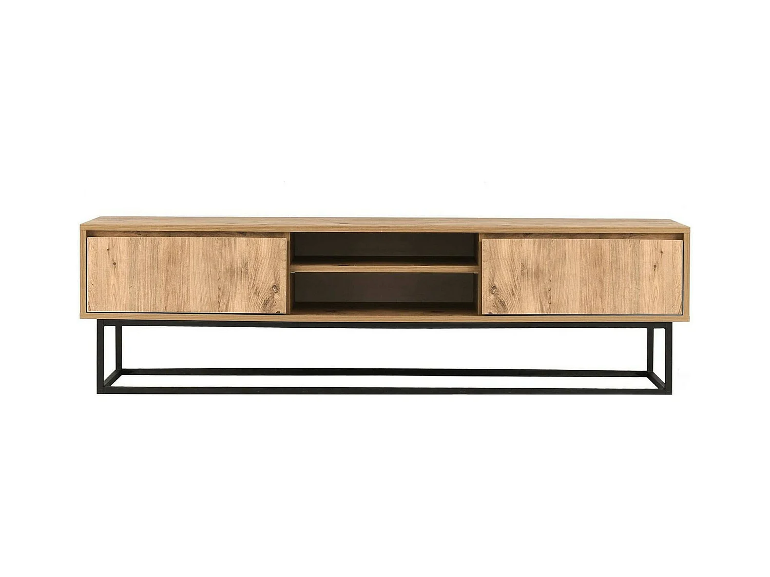 Meuble TV Themis, Buffet de salon, Armoire basse pour TV, Base murale de rangement, 140x40h50 cm, Noir et Chêne