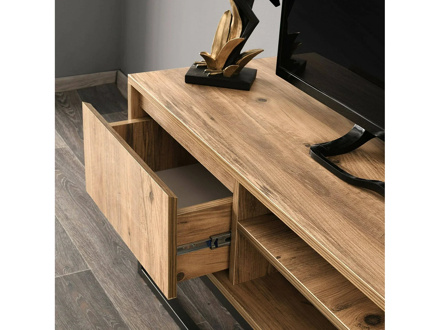 Fernsehschrank Dpirol, Ständer für Wohnzimmerfernseher, Niedriges Wohnzimmer-Sideboard, TV-Ständerbasis, 140x40h50 cm, Schwarz und Eiche