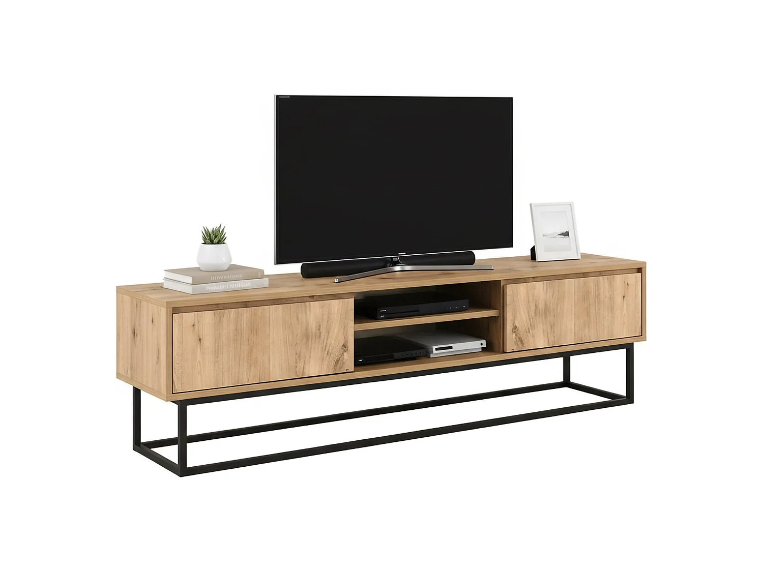 Armário de TV Dpirol, Aparador de sala, Armário de TV baixo, Base de parede equipada, 140x40h50 cm, Preto e Carvalho