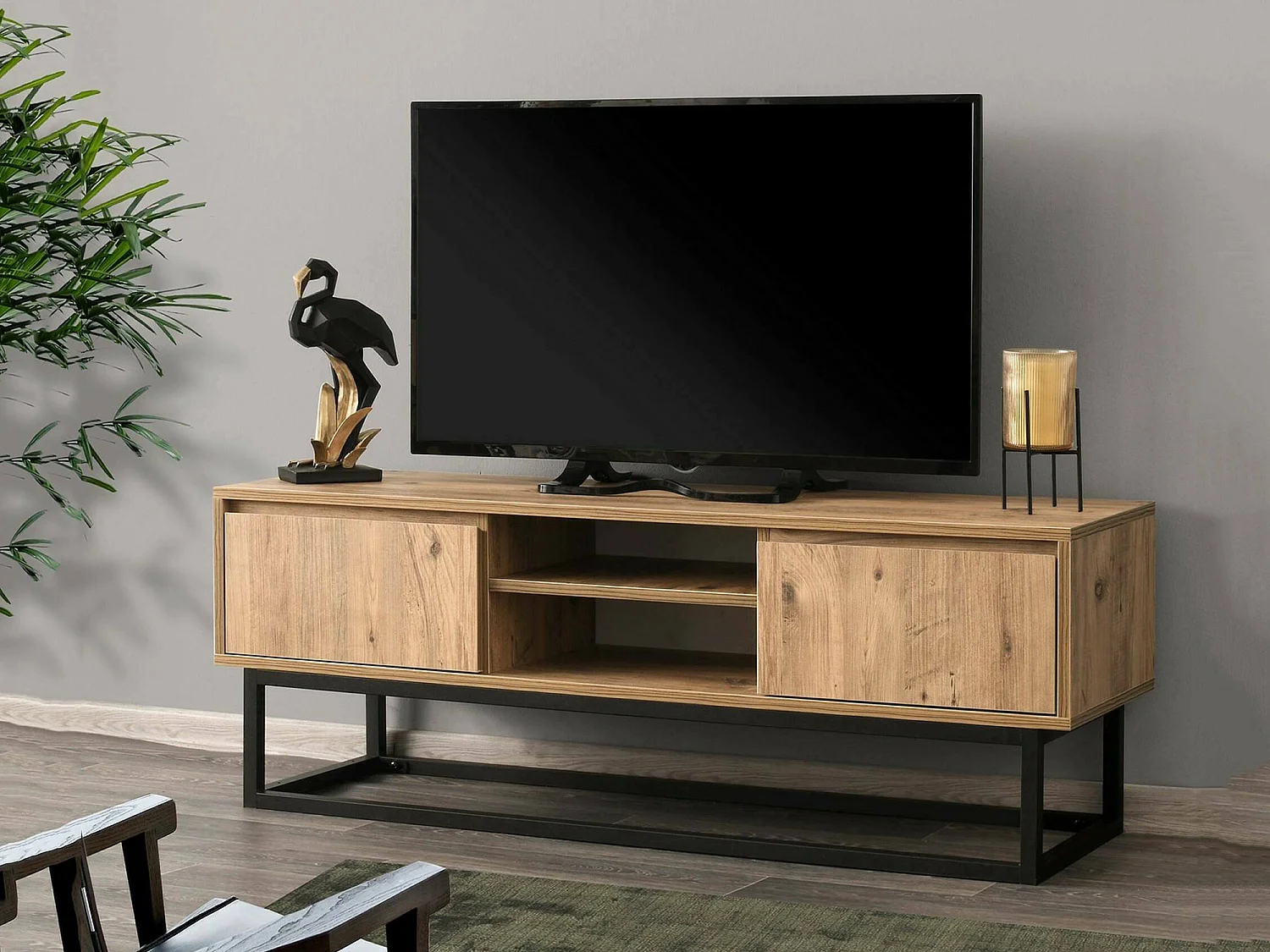 Armário de TV Dpirol, Aparador de sala, Armário de TV baixo, Base de parede equipada, 140x40h50 cm, Preto e Carvalho