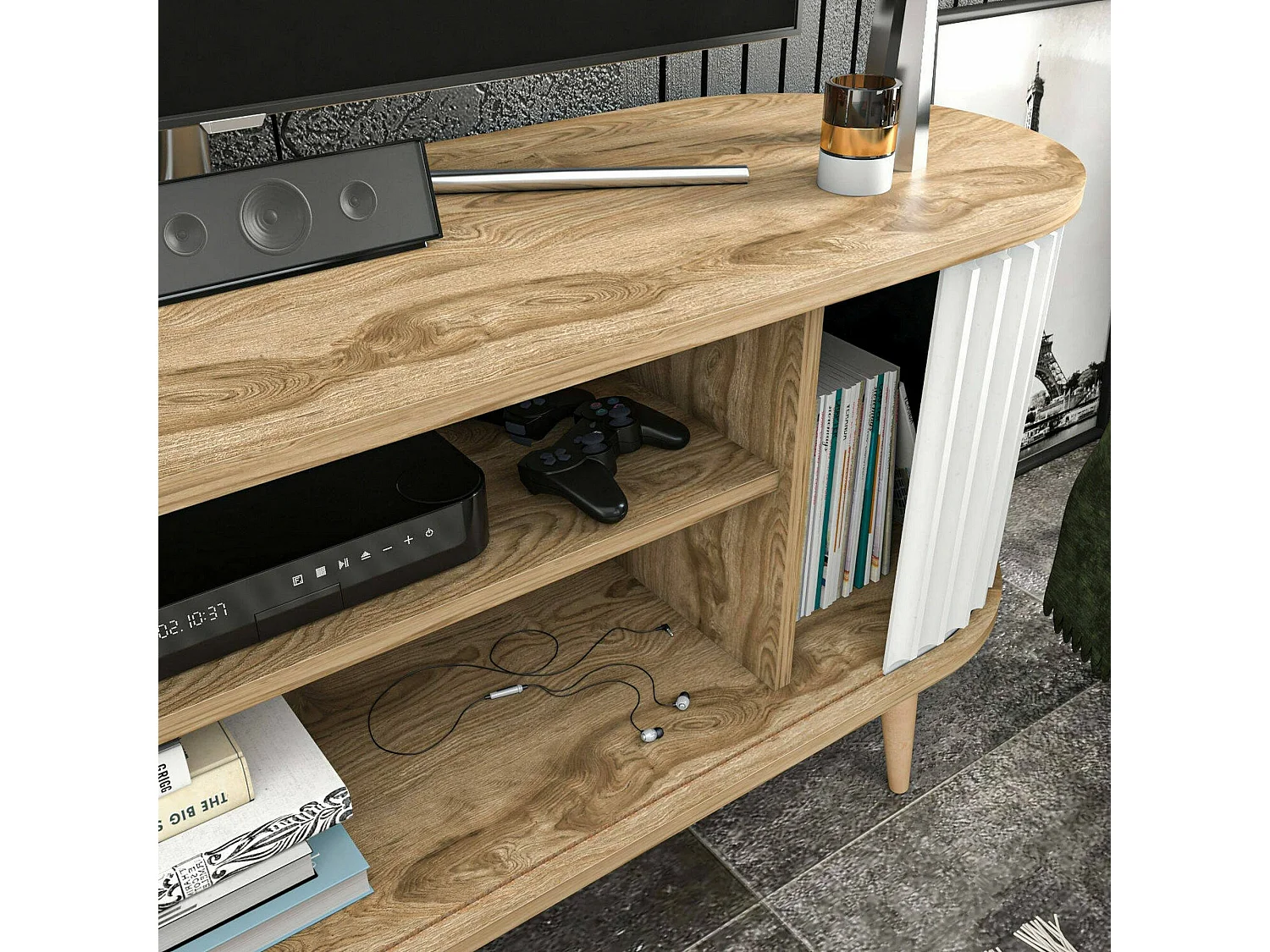 Meuble TV Aludra, Buffet de salon, Armoire basse pour TV, Base murale de rangement, 140x43h64 cm, Chêne et Blanc