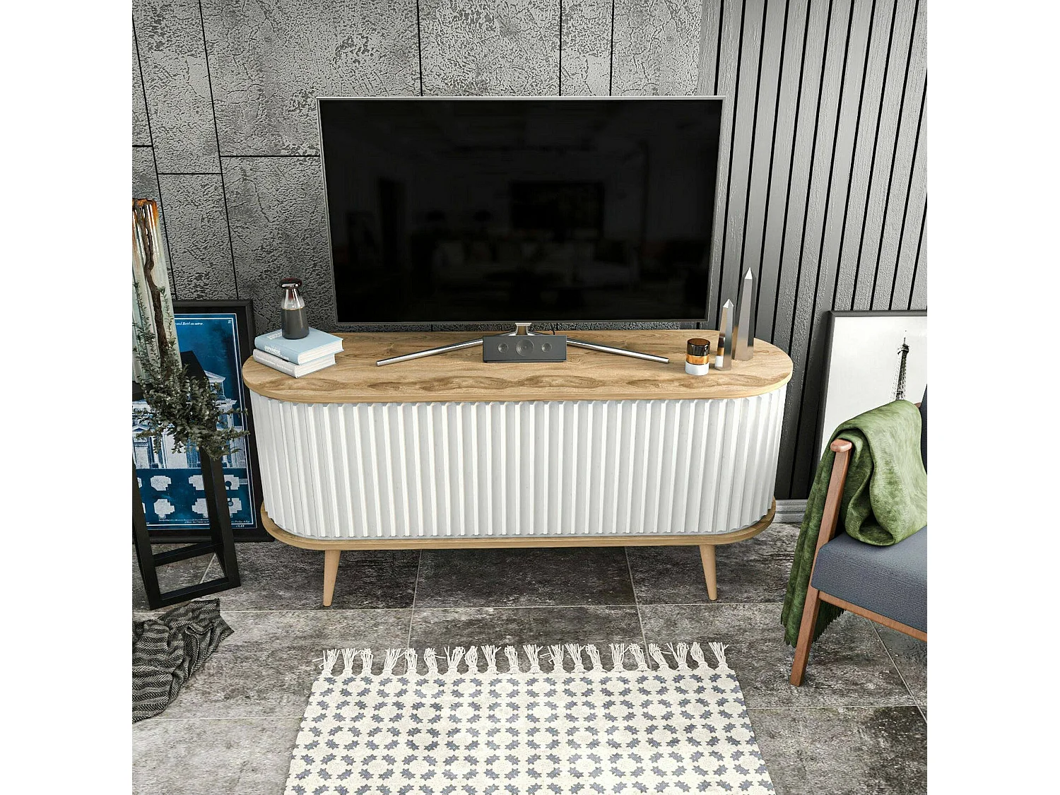 Meuble TV Aludra, Buffet de salon, Armoire basse pour TV, Base murale de rangement, 140x43h64 cm, Chêne et Blanc