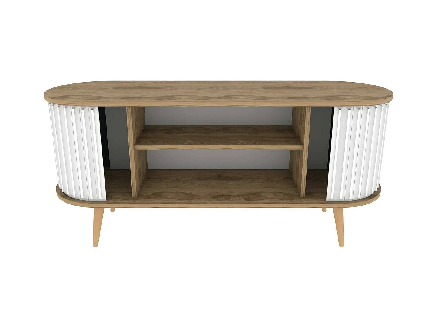 Meuble TV Aludra, Buffet de salon, Armoire basse pour TV, Base murale de rangement, 140x43h64 cm, Chêne et Blanc
