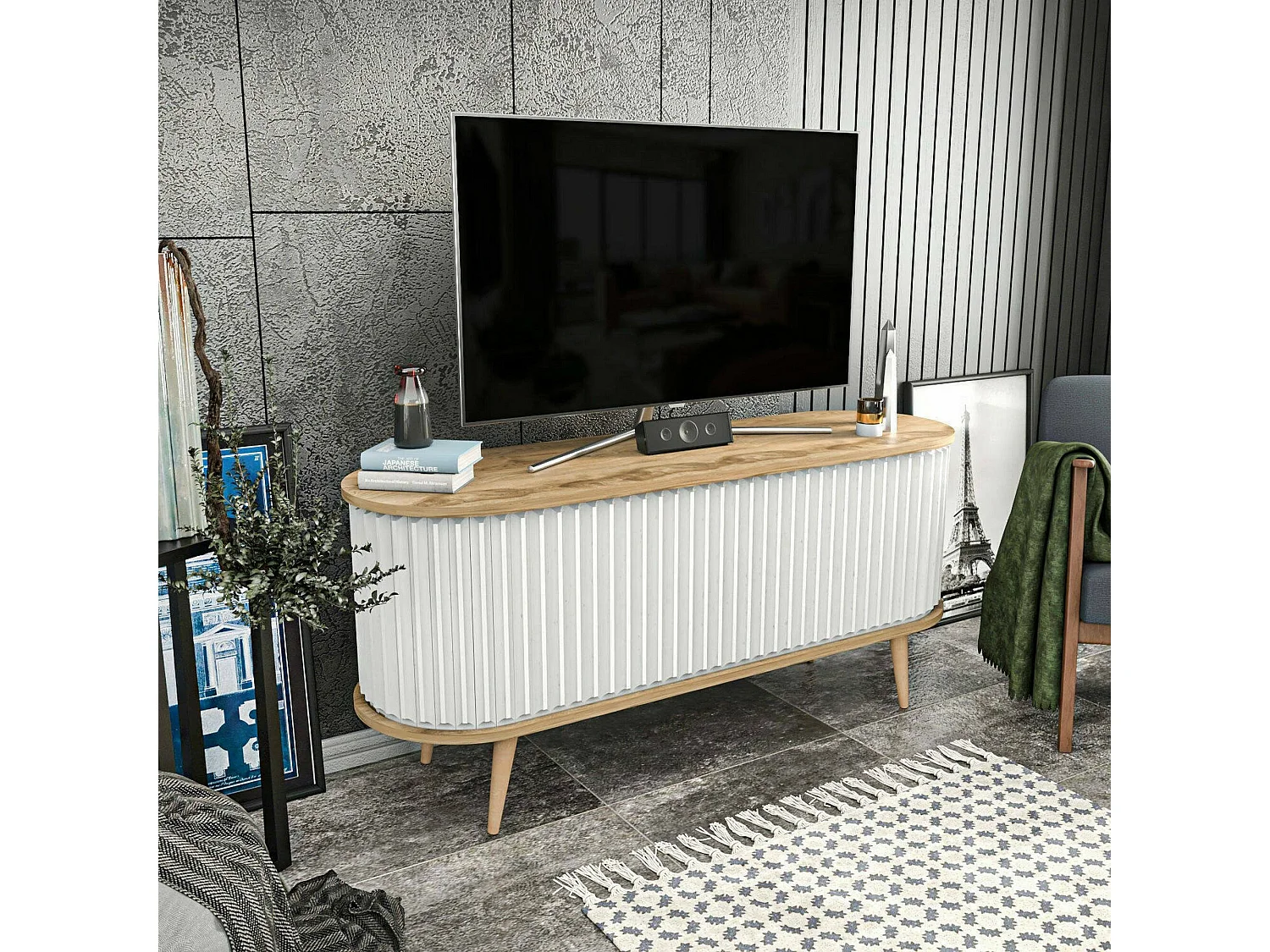Mueble de televisión Desteve, Aparador de salón, Mueble bajo para TV, Base de pared equipada, 140x43h64 cm, Roble y Blanco