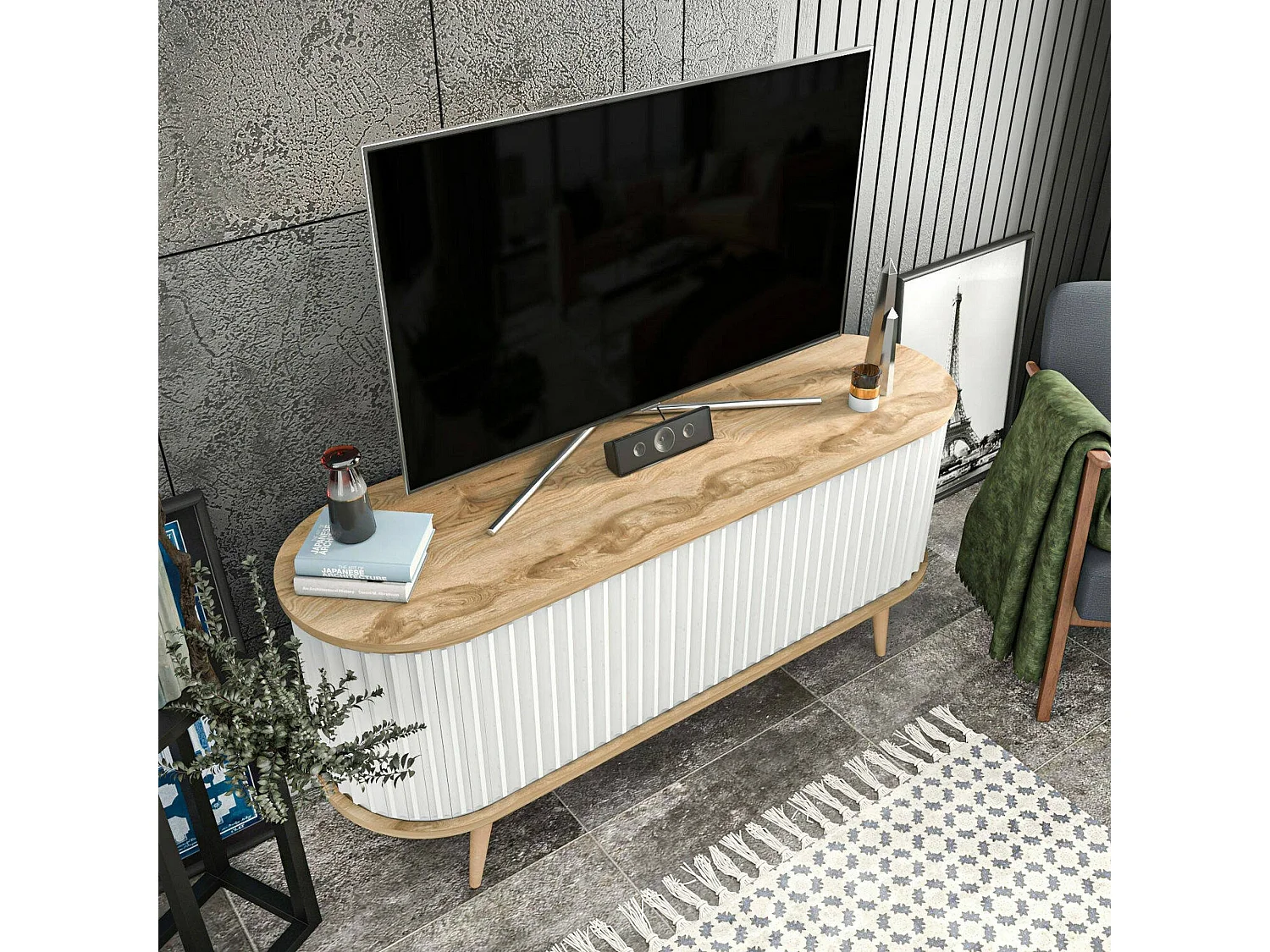 Mueble de televisión Desteve, Aparador de salón, Mueble bajo para TV, Base de pared equipada, 140x43h64 cm, Roble y Blanco