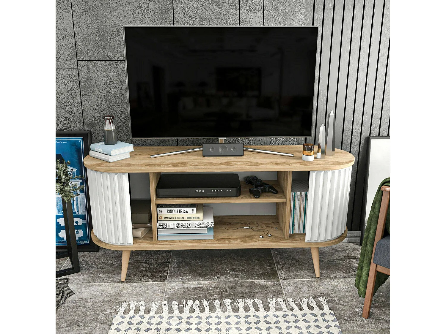 Mueble de televisión Desteve, Aparador de salón, Mueble bajo para TV, Base de pared equipada, 140x43h64 cm, Roble y Blanco