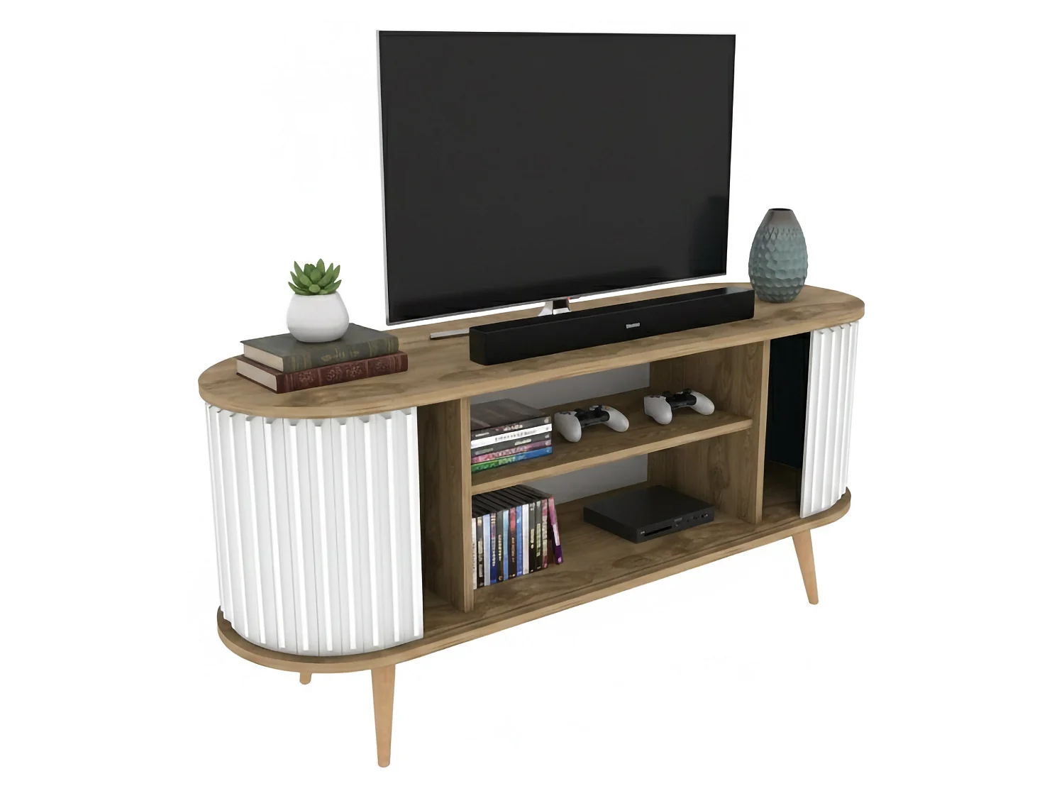 Meuble TV Aludra, Buffet de salon, Armoire basse pour TV, Base murale de rangement, 140x43h64 cm, Chêne et Blanc