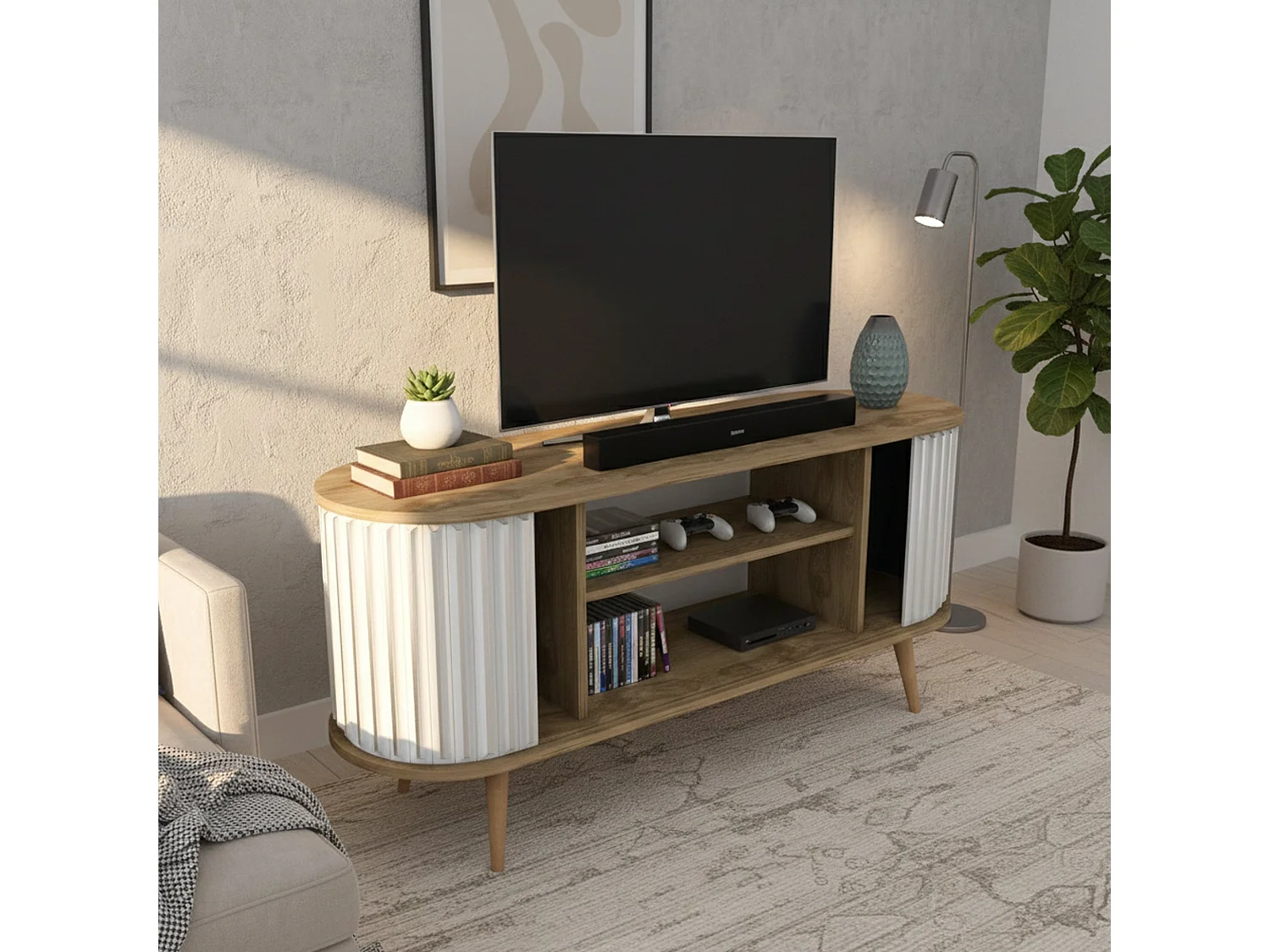 Meuble TV Aludra, Buffet de salon, Armoire basse pour TV, Base murale de rangement, 140x43h64 cm, Chêne et Blanc