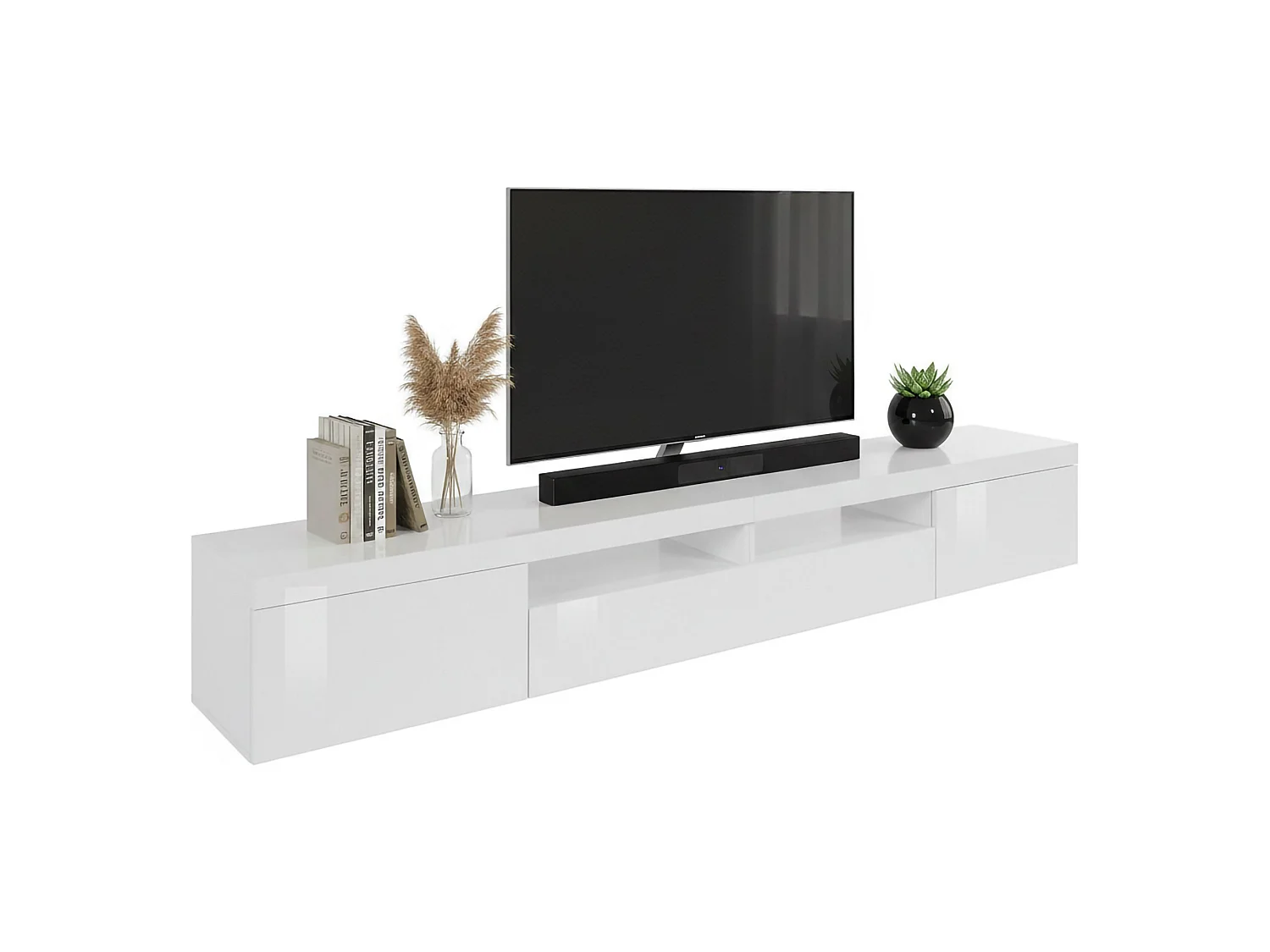 Meuble TV Ulisse, Buffet bas de salon avec 3 portes, Base meuble TV, 240x40h35 cm, Blanc brillant