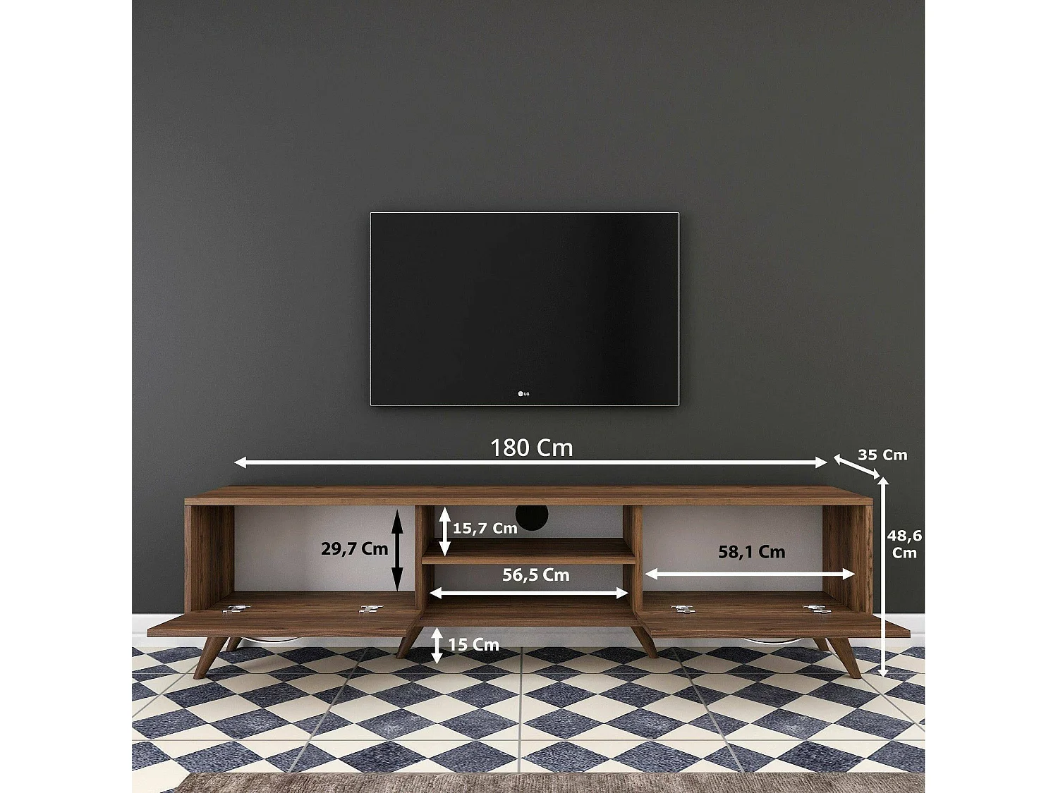 Mueble de televisión Dbarar, Aparador de salón, Mueble bajo para TV, Base de pared equipada, 180x35h49 cm, Nuez