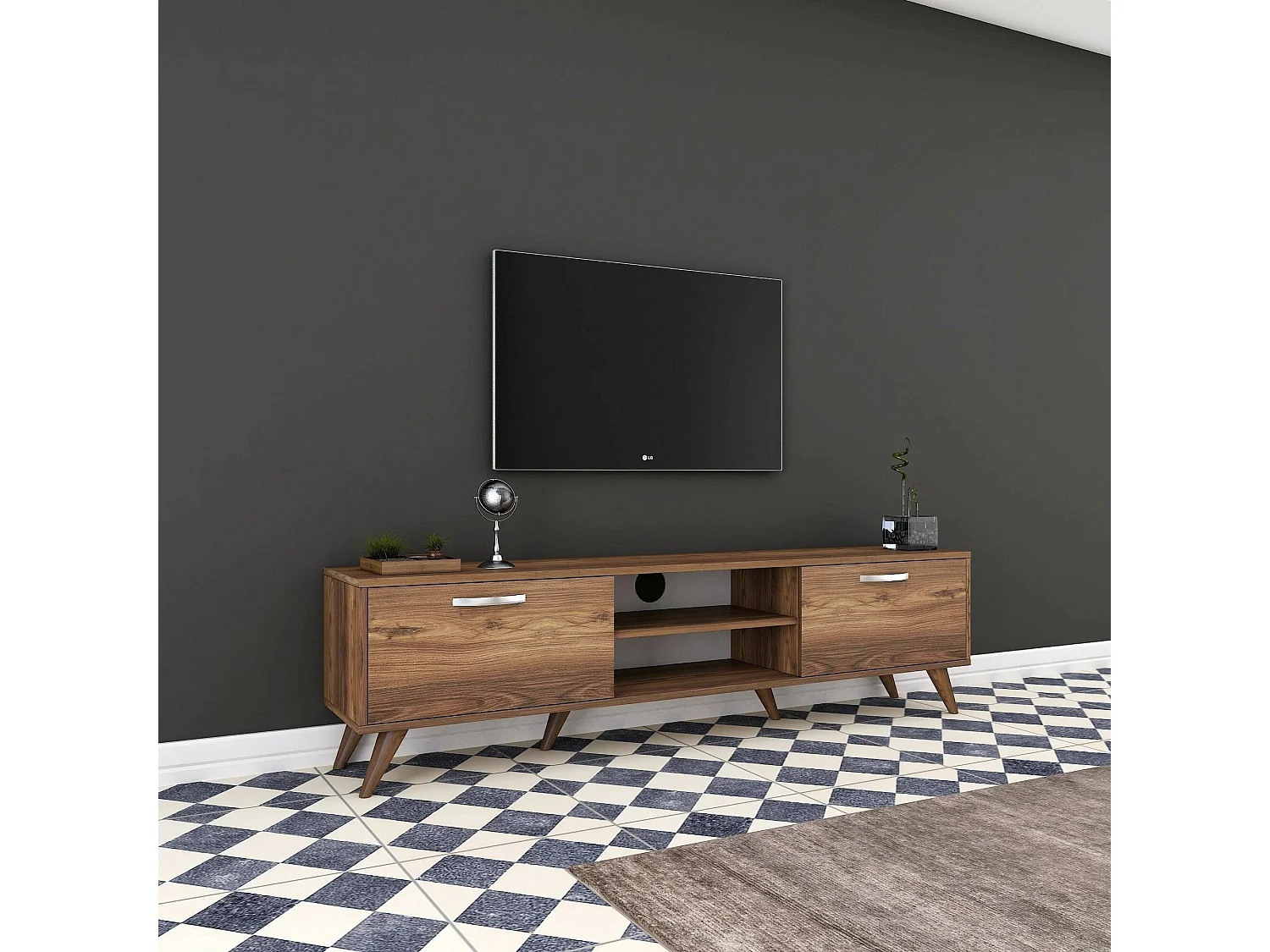 Armário de suporte de TV Dbarar, Aparador de sala, Armário de TV baixo, Base de parede equipada, 180x35h49 cm, Nogueira