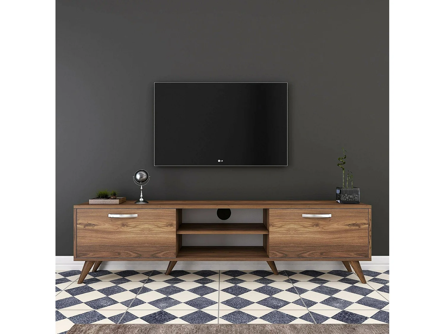 Mueble de televisión Dbarar, Aparador de salón, Mueble bajo para TV, Base de pared equipada, 180x35h49 cm, Nuez