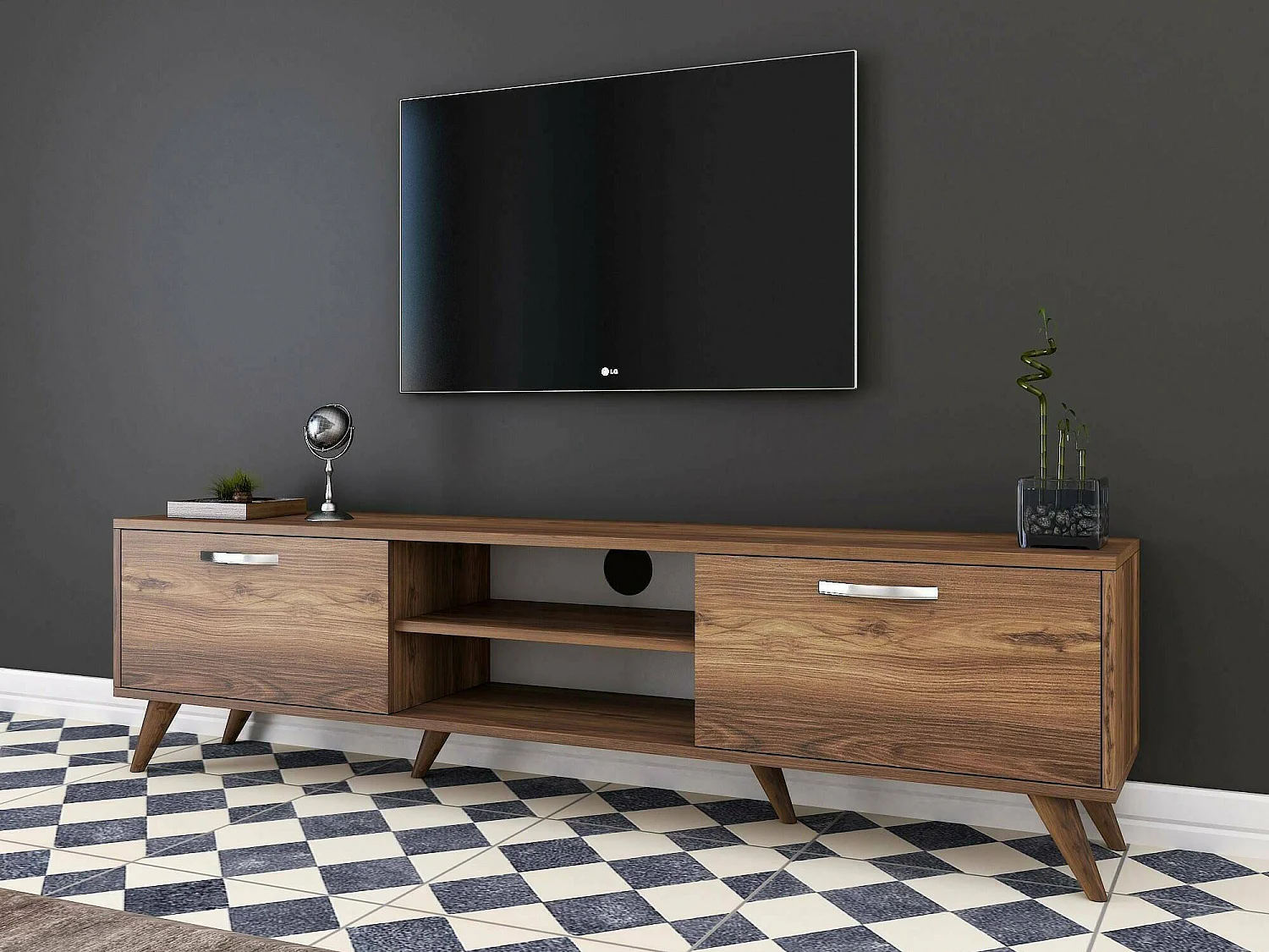 Meuble TV Aldh, Buffet de salon, Armoire basse pour TV, Base murale de rangement, 180x35h49 cm, Noyer