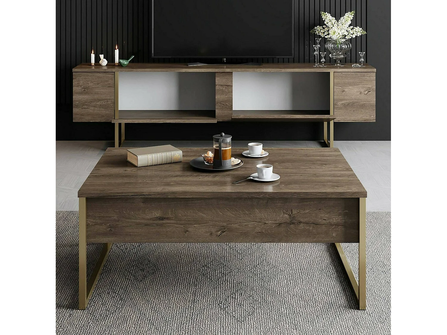 Meuble TV Centaurus, Buffet de salon, Armoire basse pour TV, Base murale de rangement, 180x30h50 cm, Noyer et Or