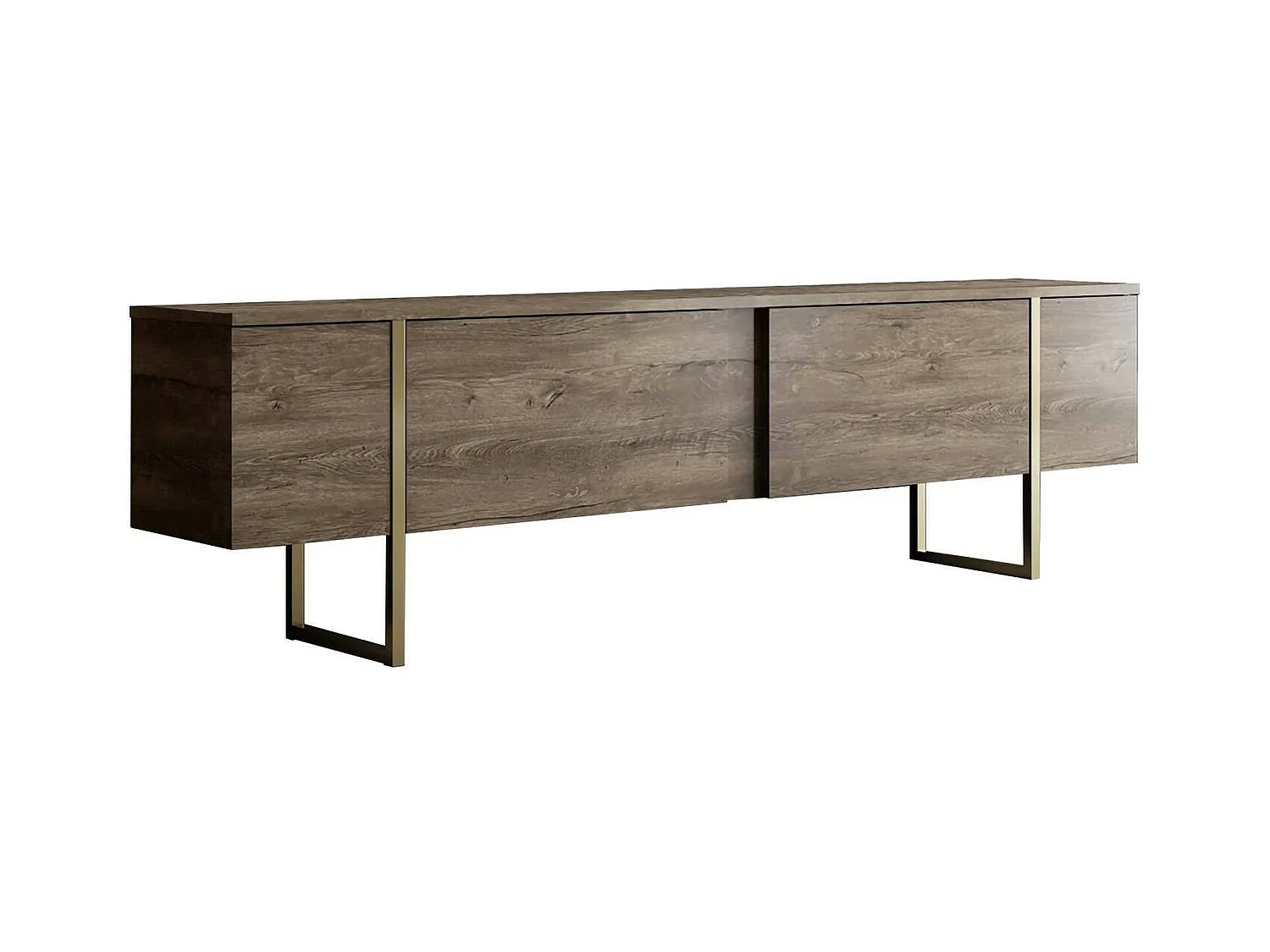 Meuble TV Centaurus, Buffet de salon, Armoire basse pour TV, Base murale de rangement, 180x30h50 cm, Noyer et Or