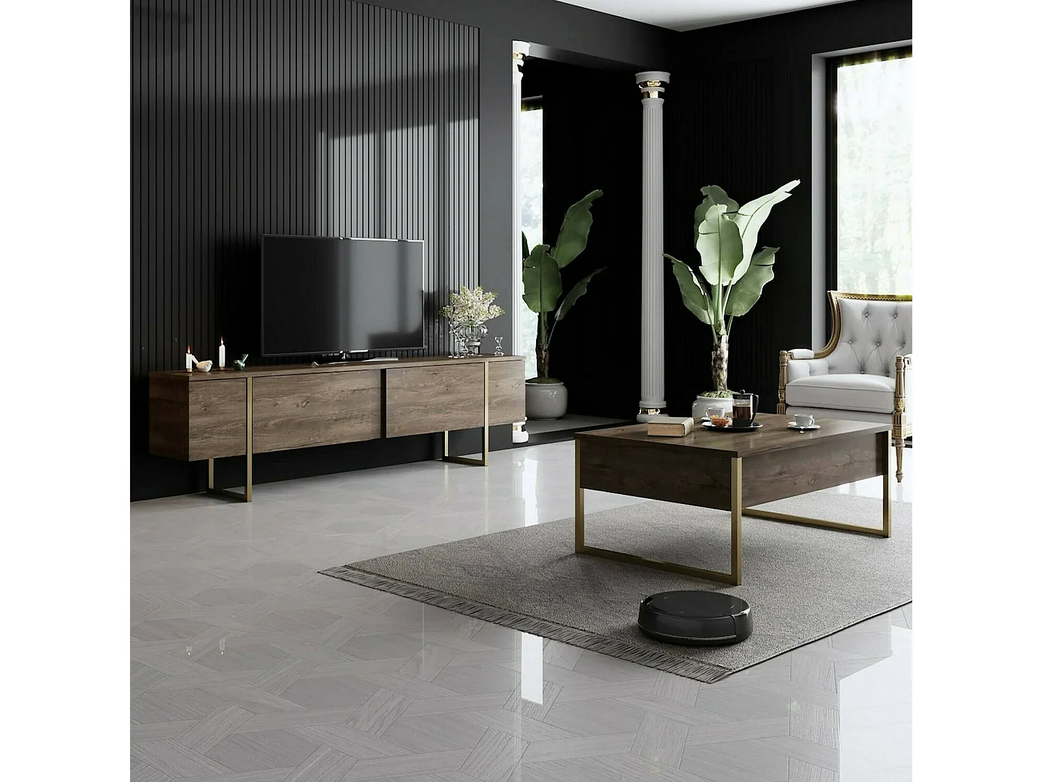 OverledenObile Dgridell tv-meubel, woonkamer dressoir, laag tv-meubel, gemonteerd wandonderstel, 180x30h50 cm, walnoot en goud