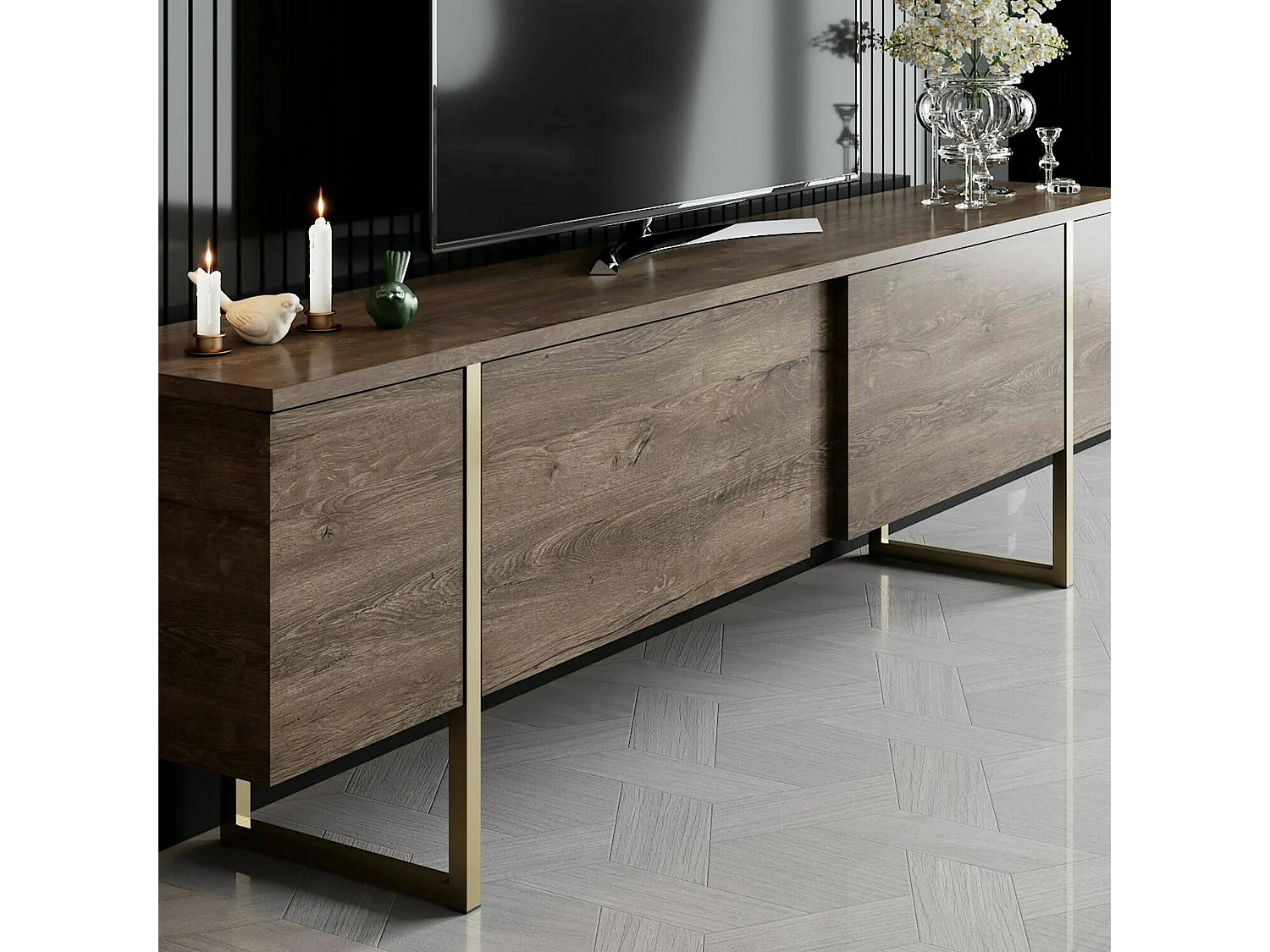 Meuble TV Abishia, une étagère, 180x30x50h cm, marron noyer, 2 portes, 3 compartiments