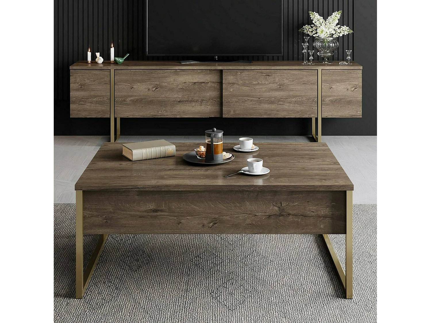 Meuble TV Abishia, une étagère, 180x30x50h cm, marron noyer, 2 portes, 3 compartiments